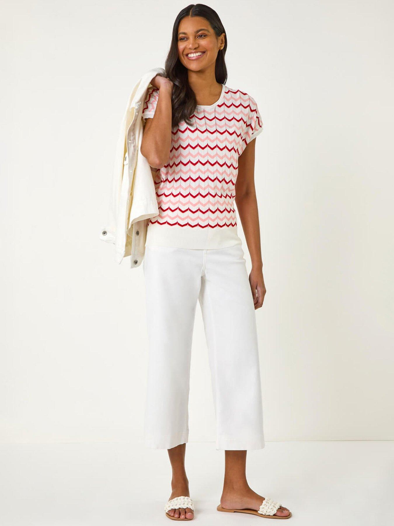  image of roman-chevron-textured-short-sleeve-knitted-top-pink