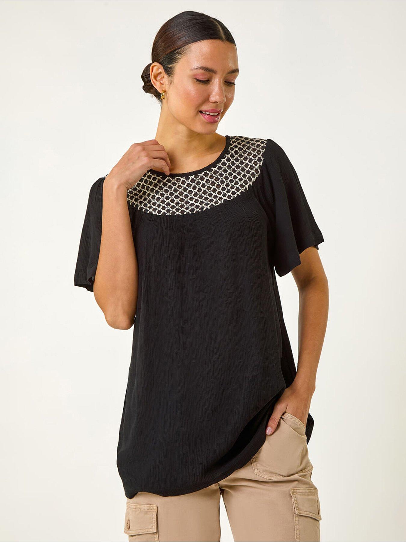 undefined Mono Print Crochet Neck Top - Black