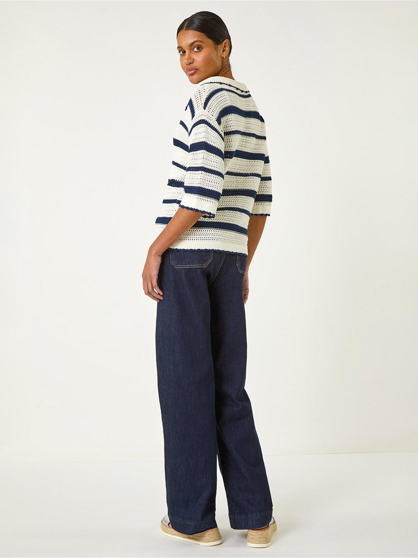  image of roman-collared-v-neck-stripe-knit-navy