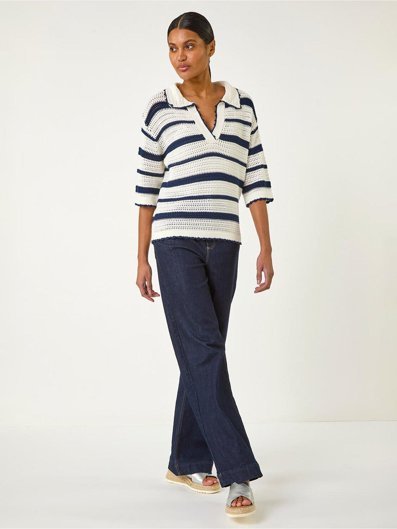  image of roman-collared-v-neck-stripe-knit-navy