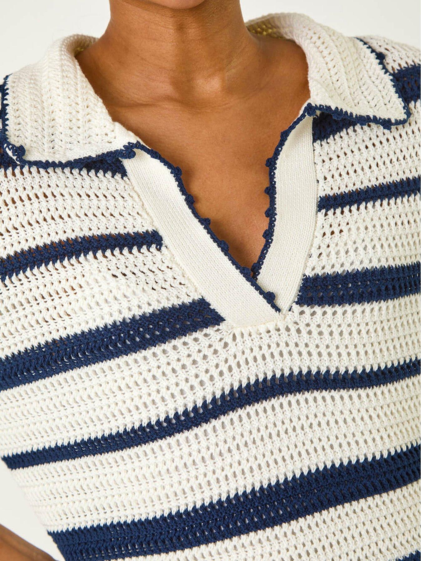  image of roman-collared-v-neck-stripe-knit-navy