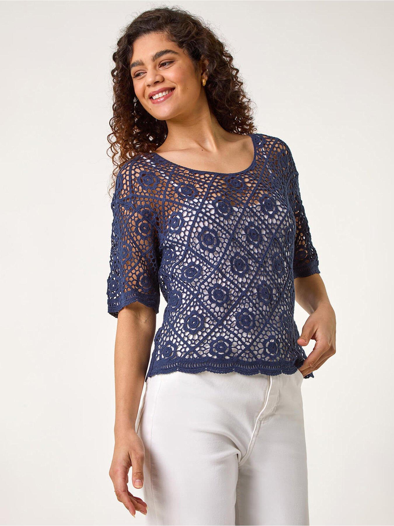 front image of roman-cotton-crochet-t-shirt-navy