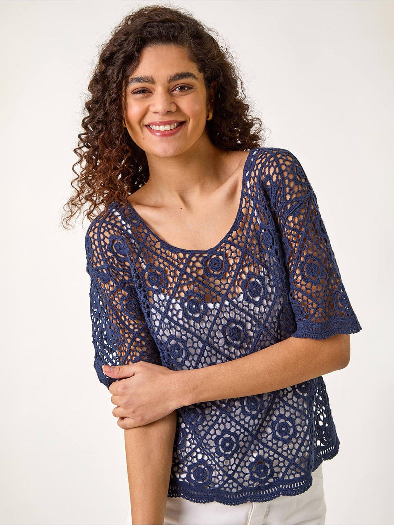  image of roman-cotton-crochet-t-shirt-navy