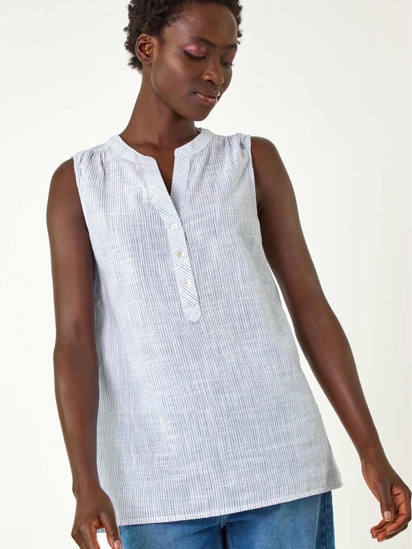 Image 1 of 5 of Roman Stripe V-neck Vest Top - Light Blue