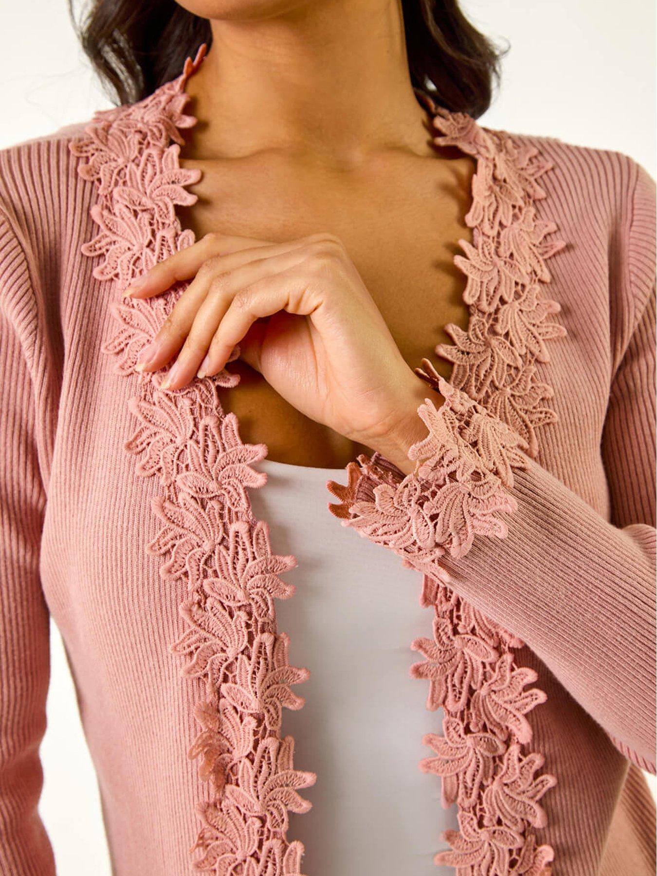  image of roman-lace-trim-knit-cardigan-pink