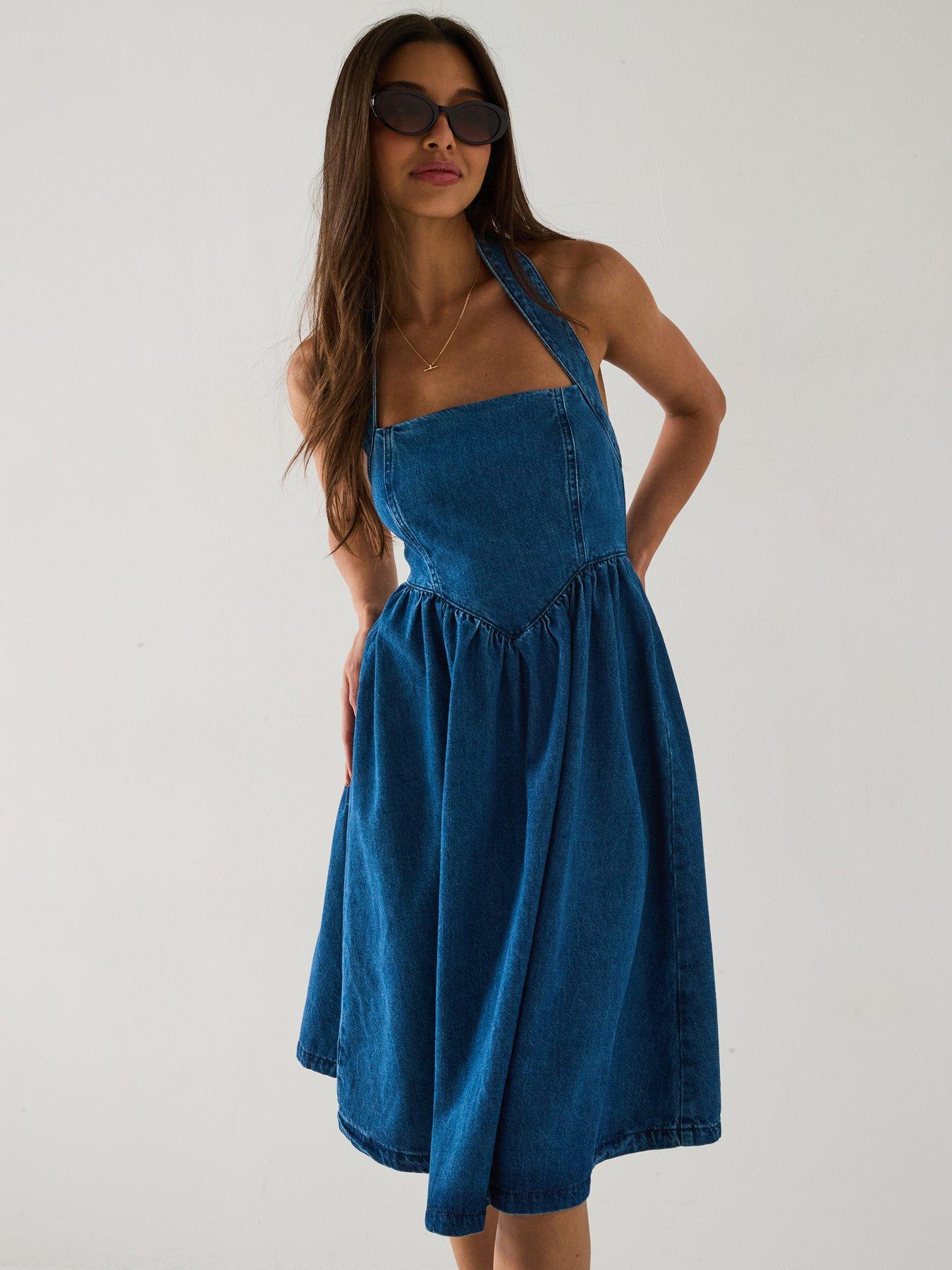 V by Very Denim Halter Amalfi Dress - Mid Wash