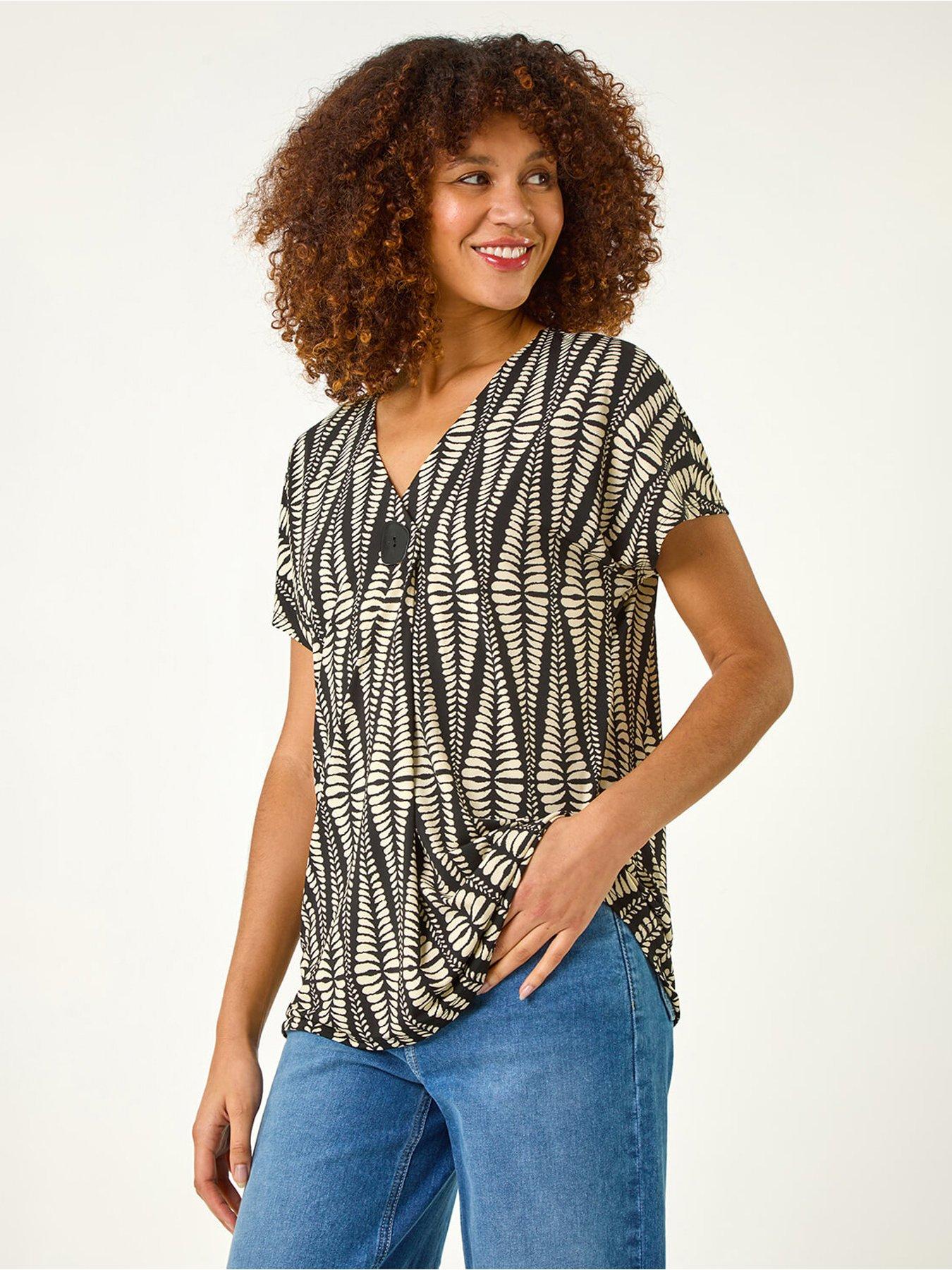 front image of roman-abstract-print-front-pleat-stretch-top-cream