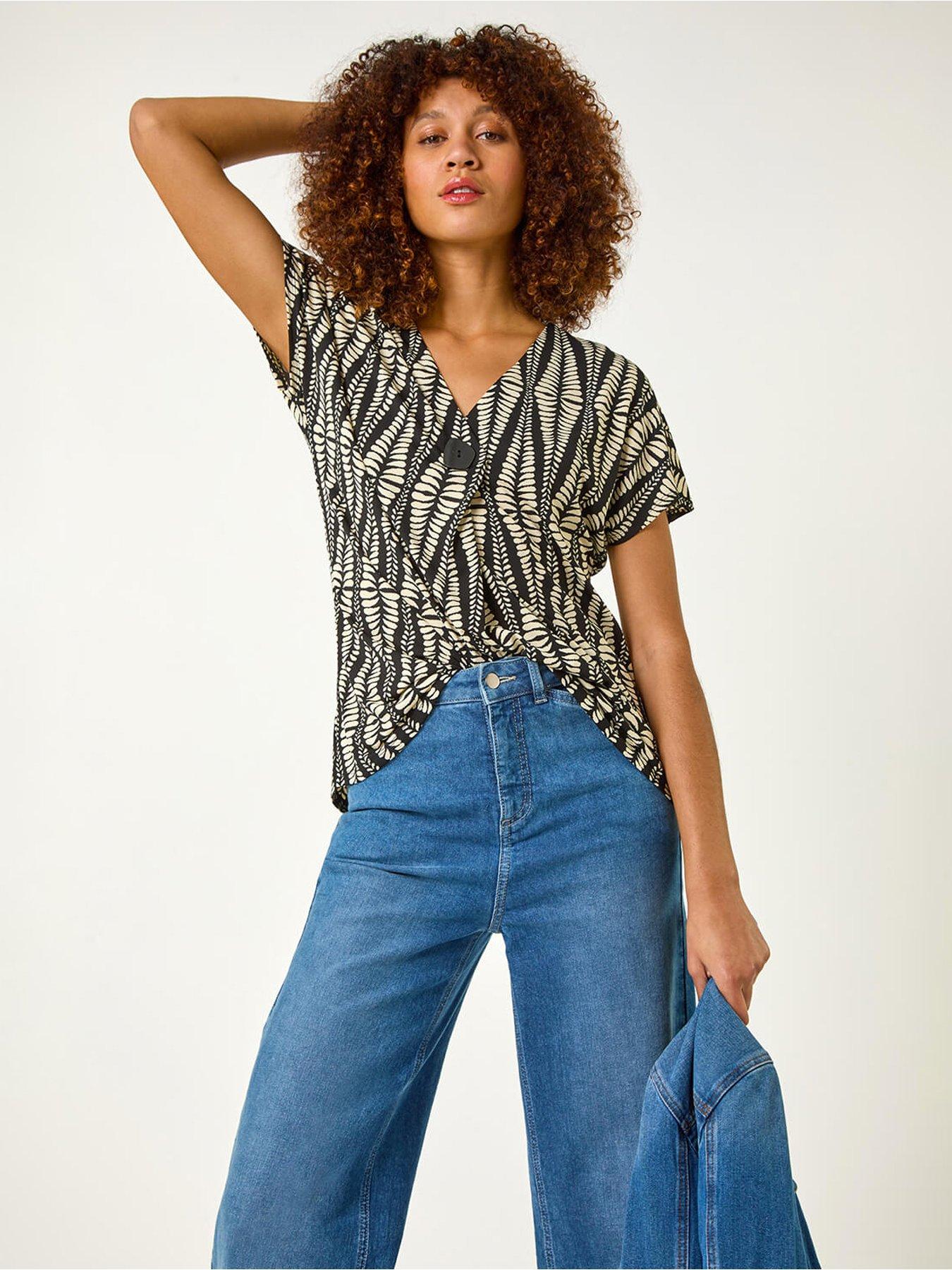  image of roman-abstract-print-front-pleat-stretch-top-cream