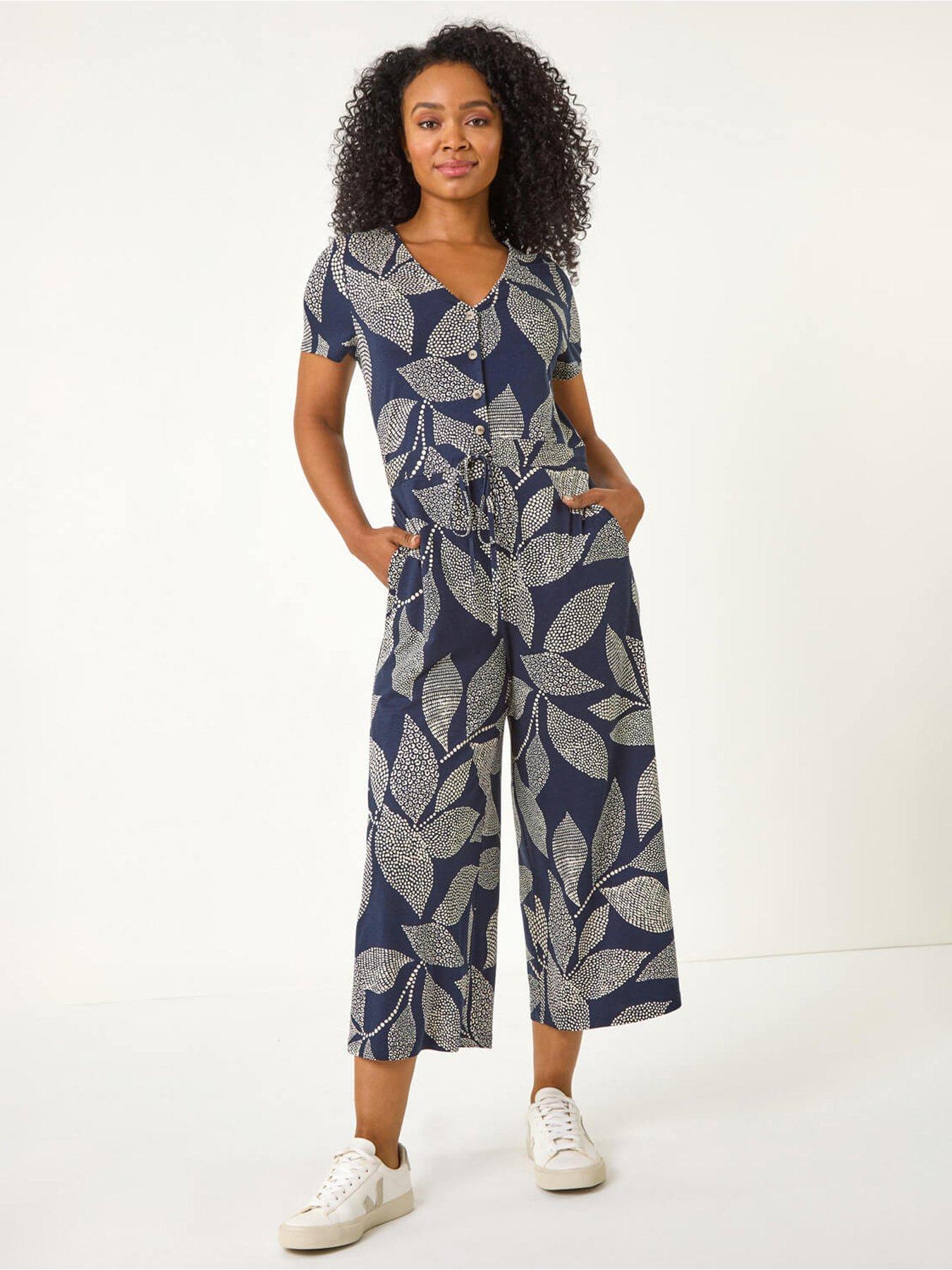 Roman Petite Leaf Print Stretch Jumpsuit