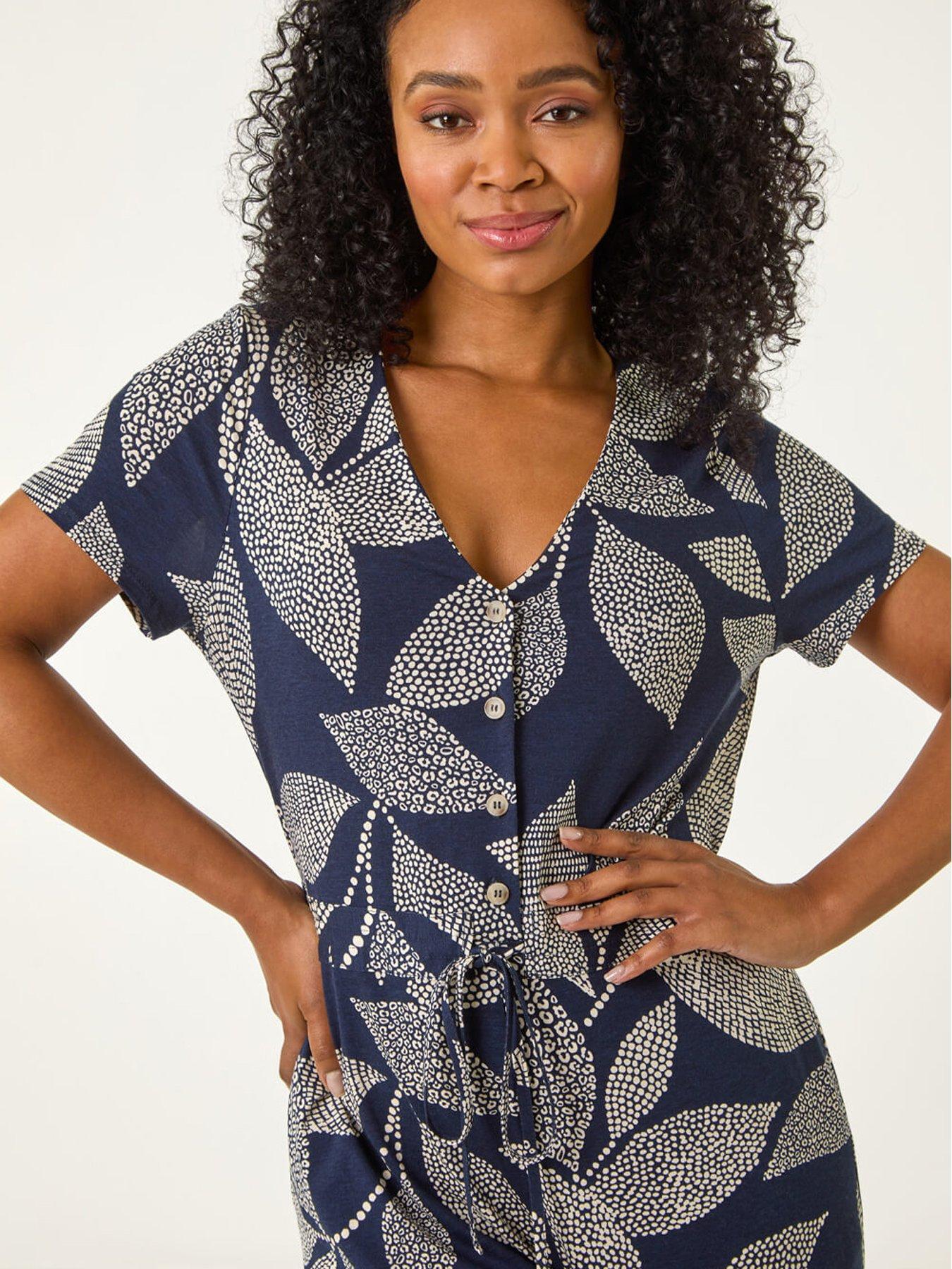 Image 4 of 5 of Roman Petite Leaf Print Stretch Jumpsuit