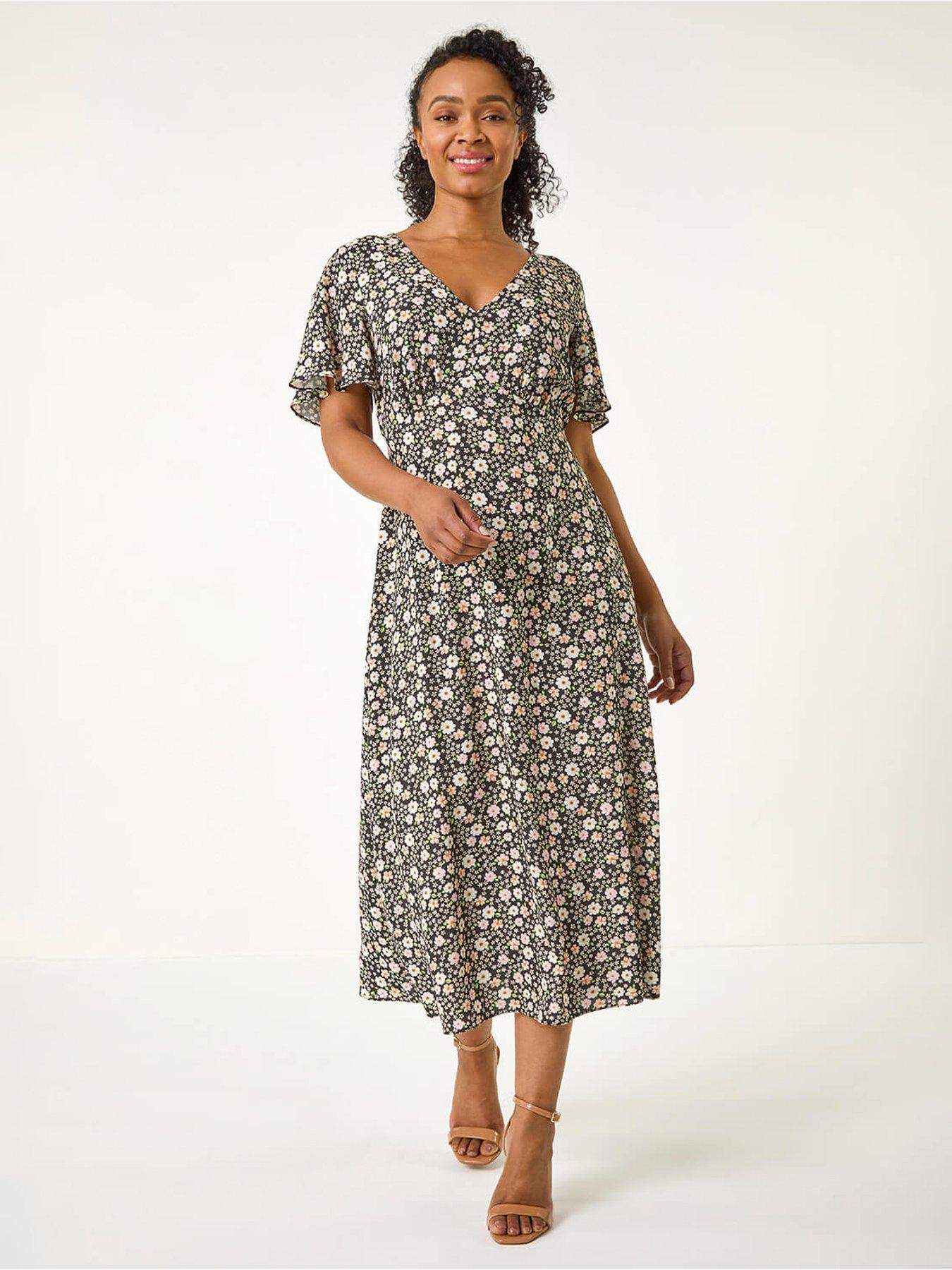  image of roman-petite-ditsy-tea-v-neck-midi-dress