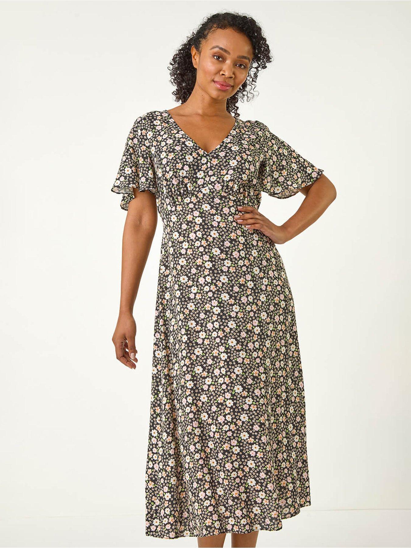  image of roman-petite-ditsy-tea-v-neck-midi-dress