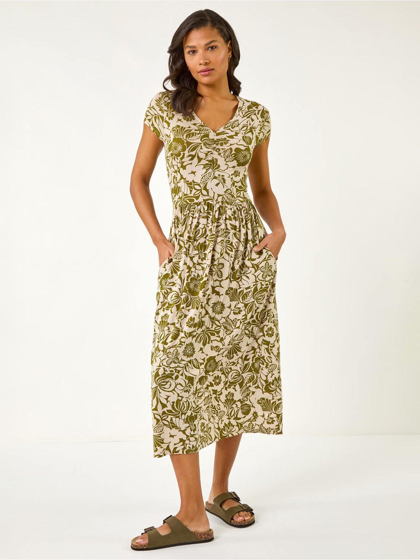 undefined Floral Print Ruched Stretch Midi Dress - Khaki
