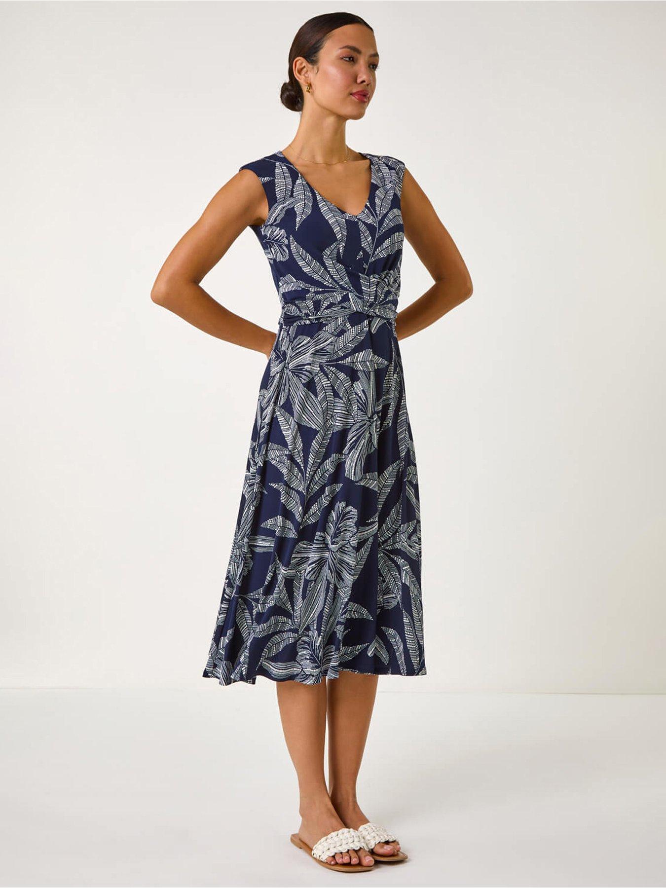  image of roman-leaf-print-twist-front-stretch-dress-navy