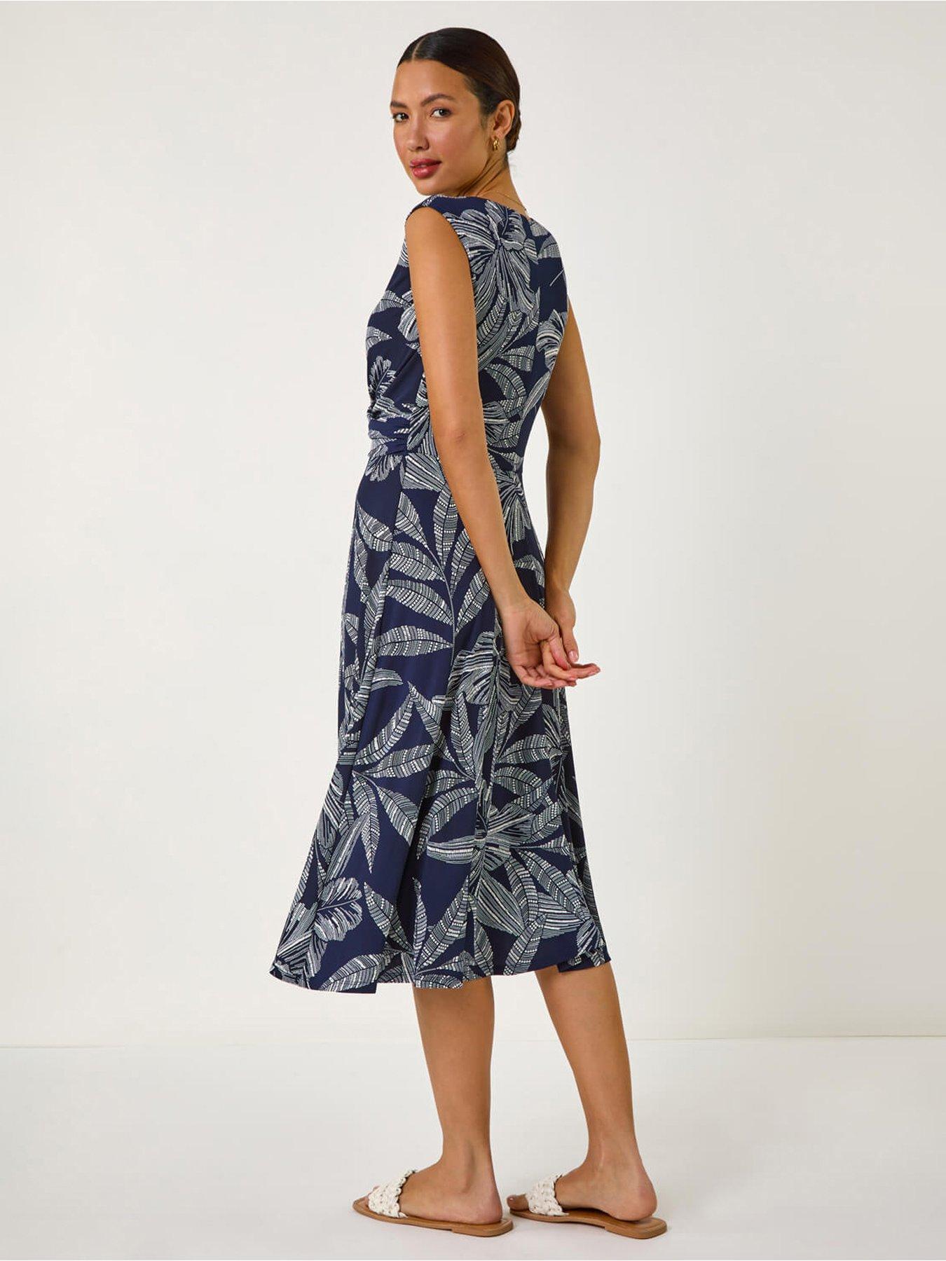 image of roman-leaf-print-twist-front-stretch-dress-navy
