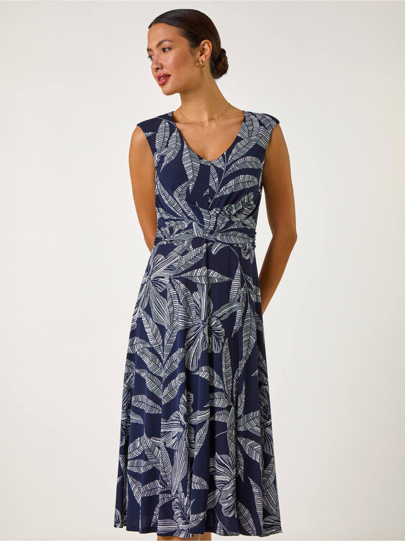  image of roman-leaf-print-twist-front-stretch-dress-navy