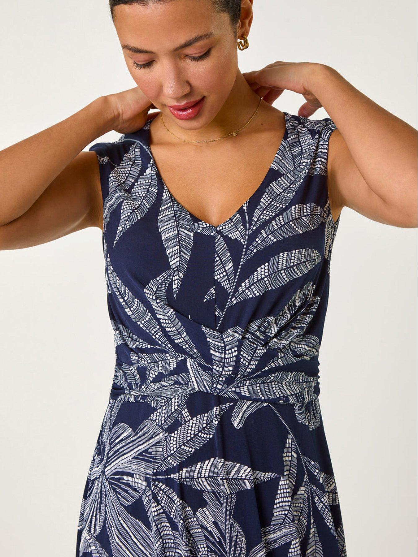 image of roman-leaf-print-twist-front-stretch-dress-navy