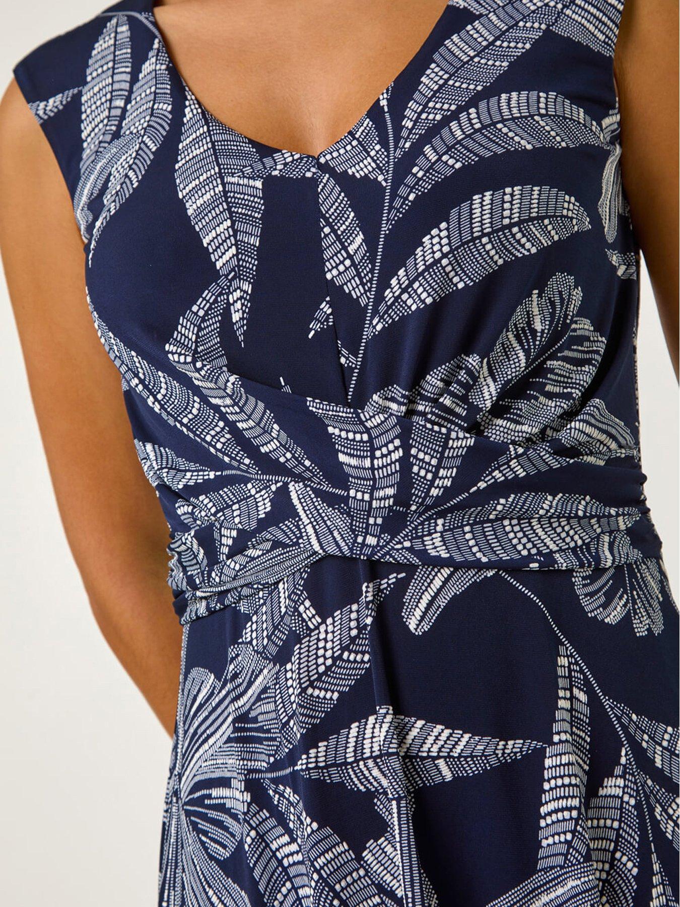  image of roman-leaf-print-twist-front-stretch-dress-navy