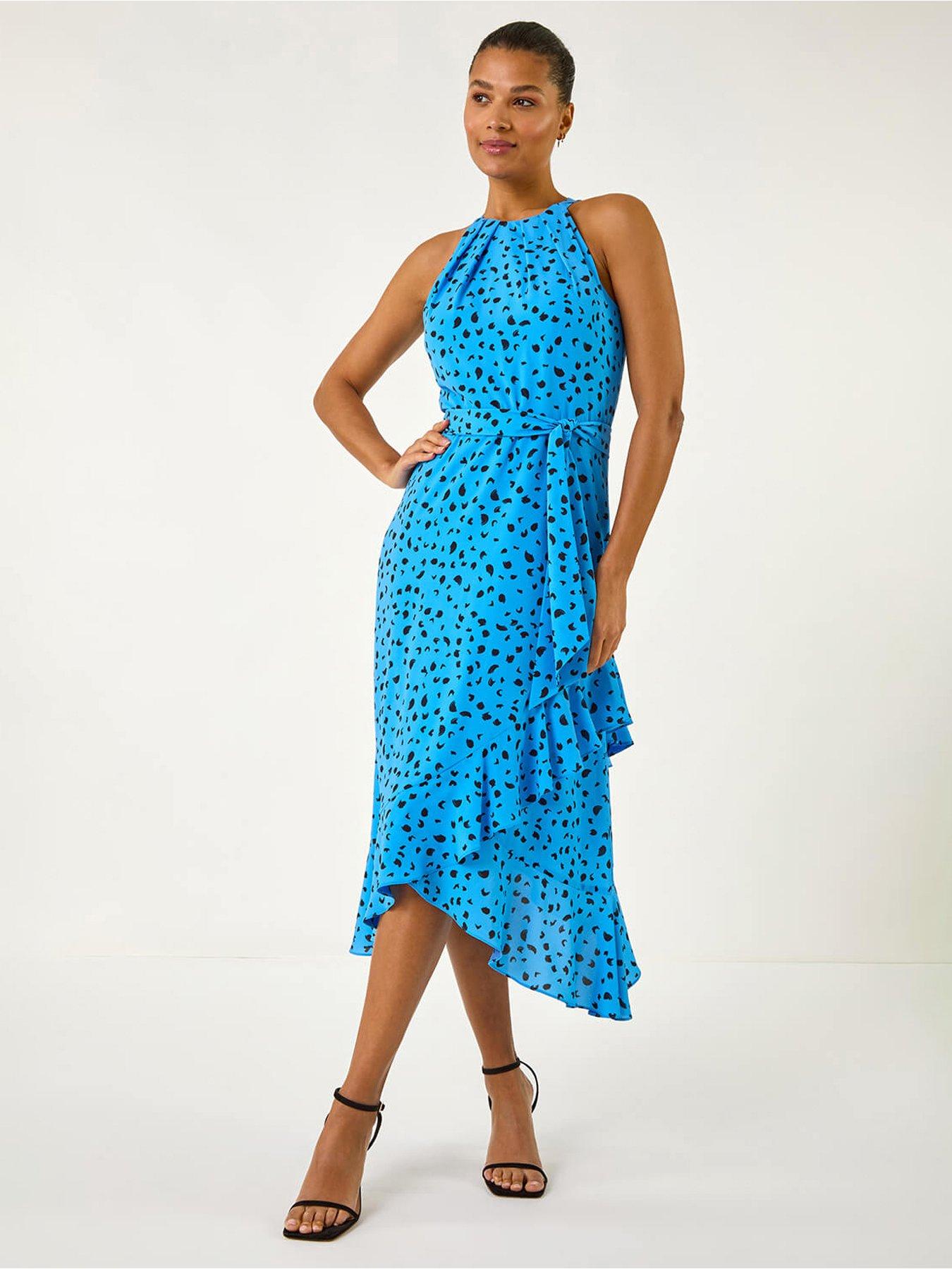  image of roman-spot-print-frill-hem-halter-dress