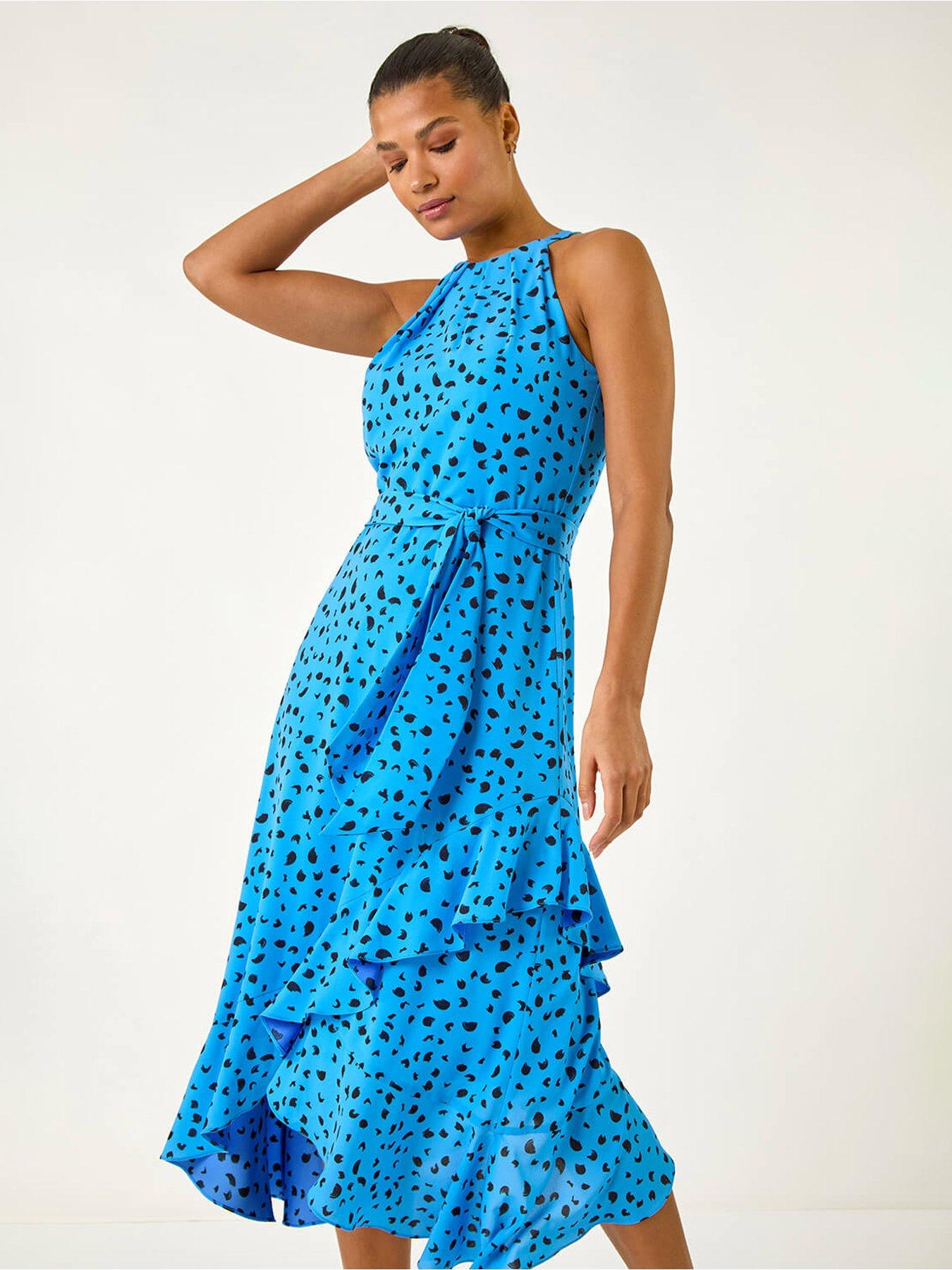  image of roman-spot-print-frill-hem-halter-dress