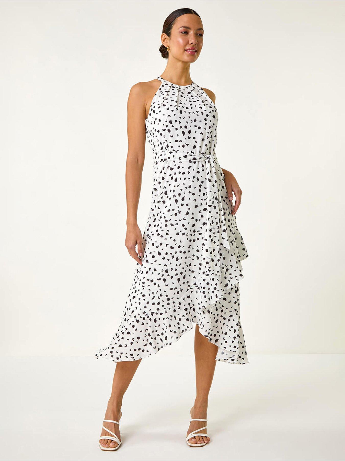 front image of roman-spot-print-frill-hem-halter-dress