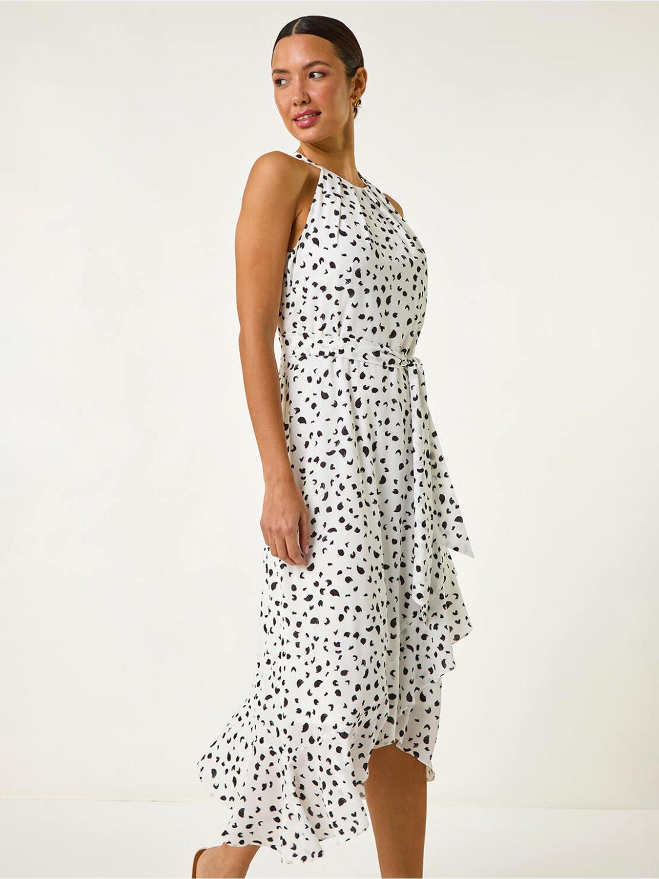  image of roman-spot-print-frill-hem-halter-dress