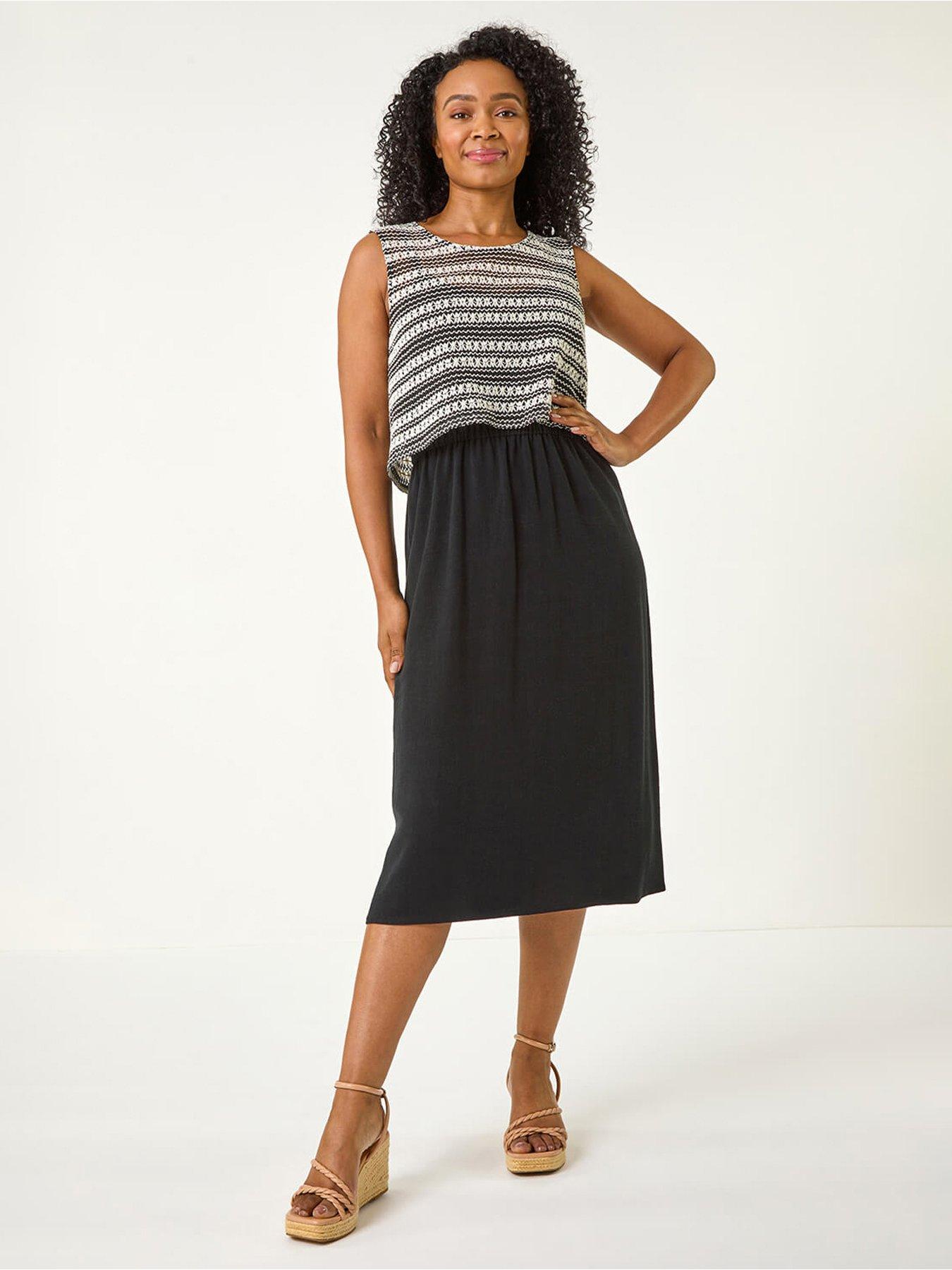 undefined Petite Contrast Overlay Midi Dress - Black