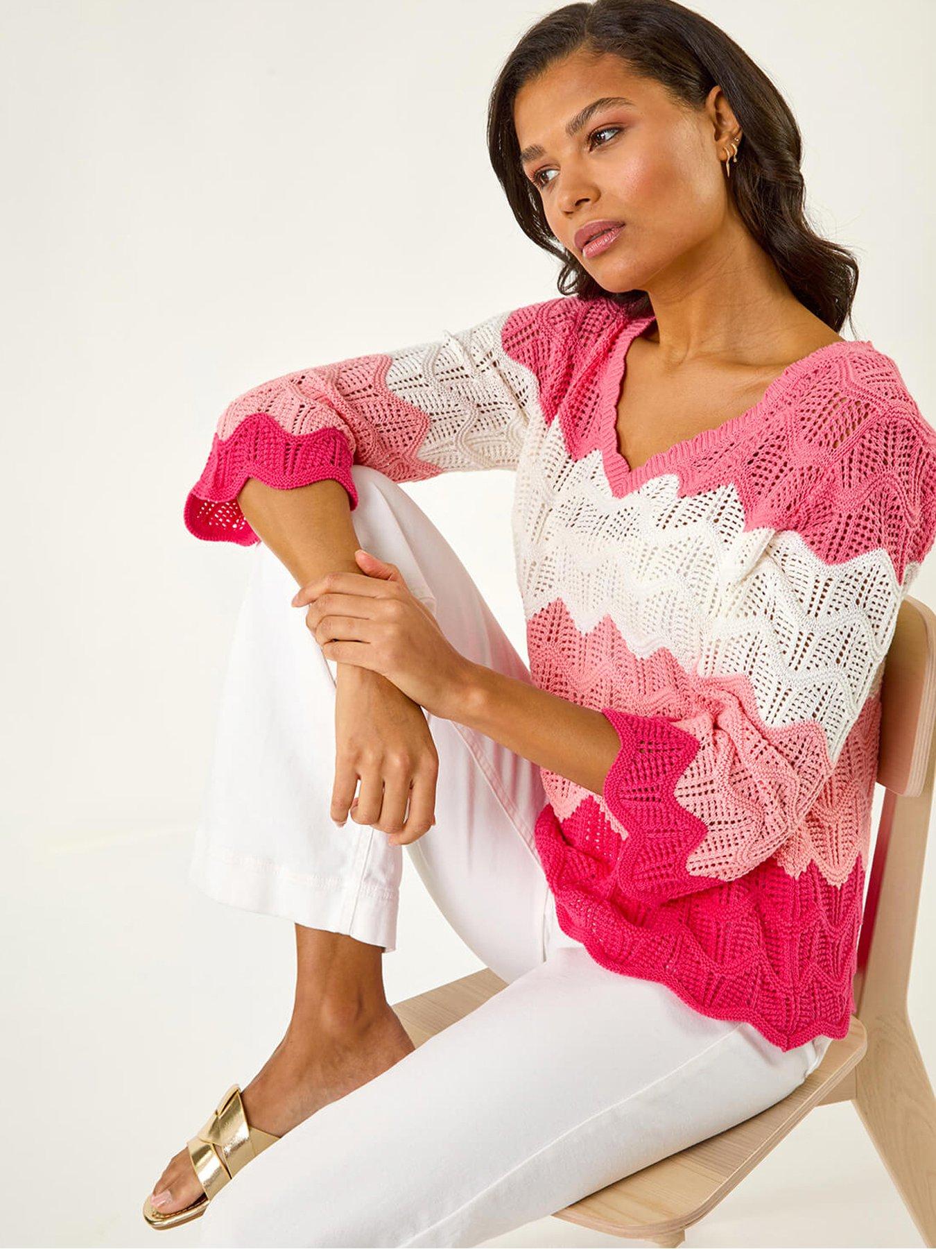 undefined Colour Block Crochet Knit Scalloped Jumper - Pink