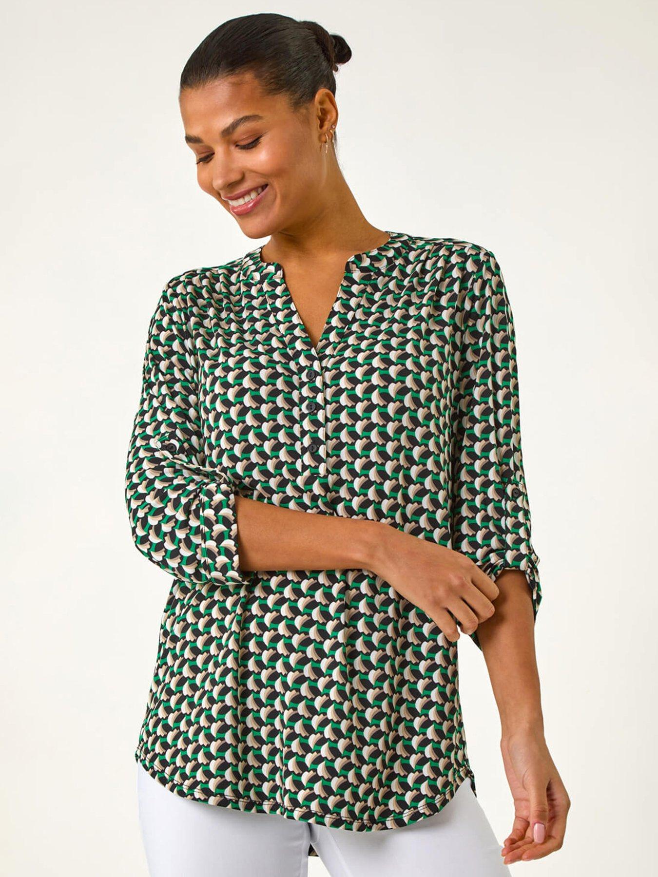 roman-abstract-print-v-neck-button-stretch-shirt-green
