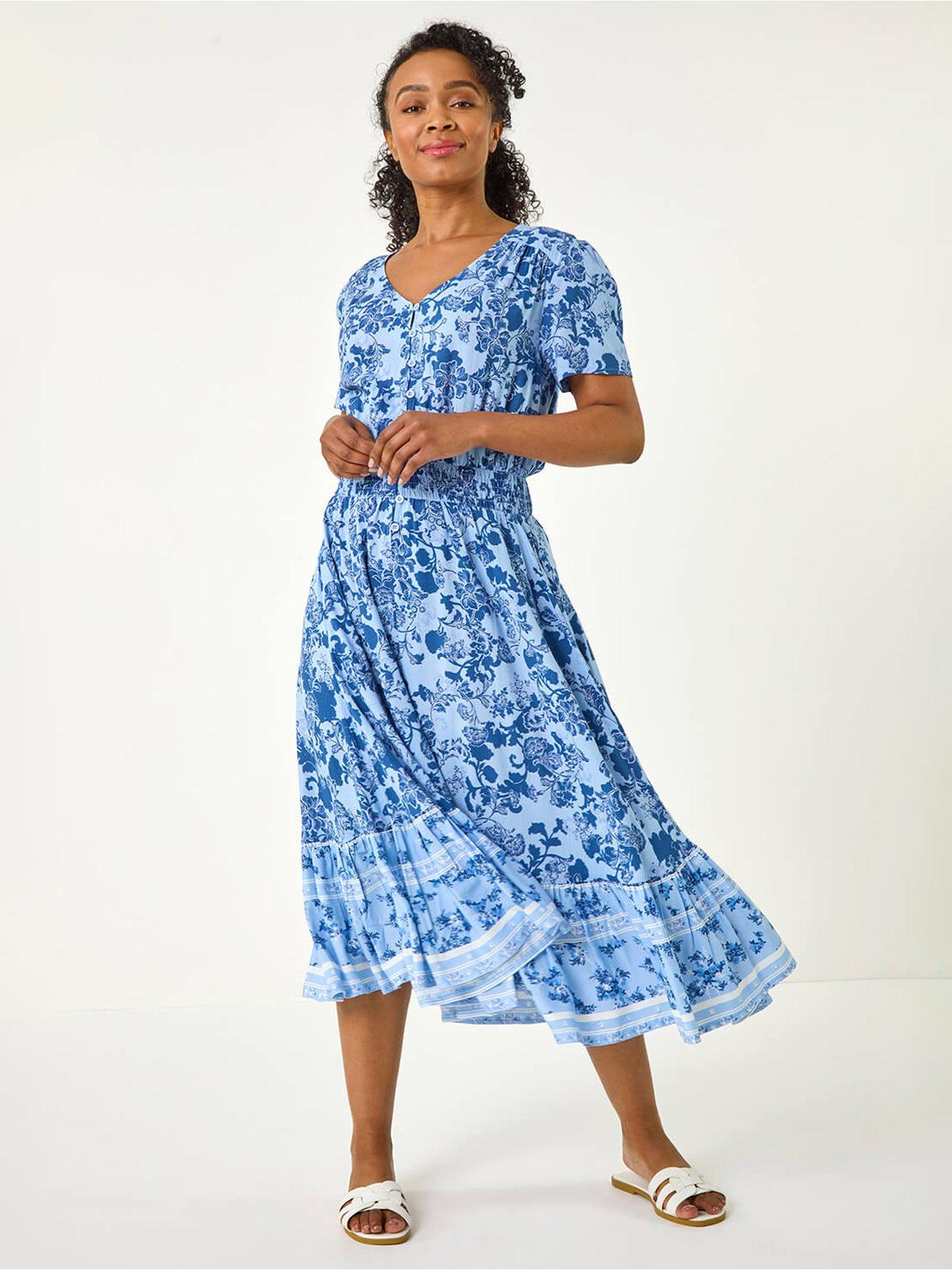 roman-petite-floral-print-border-midi-dress-blue
