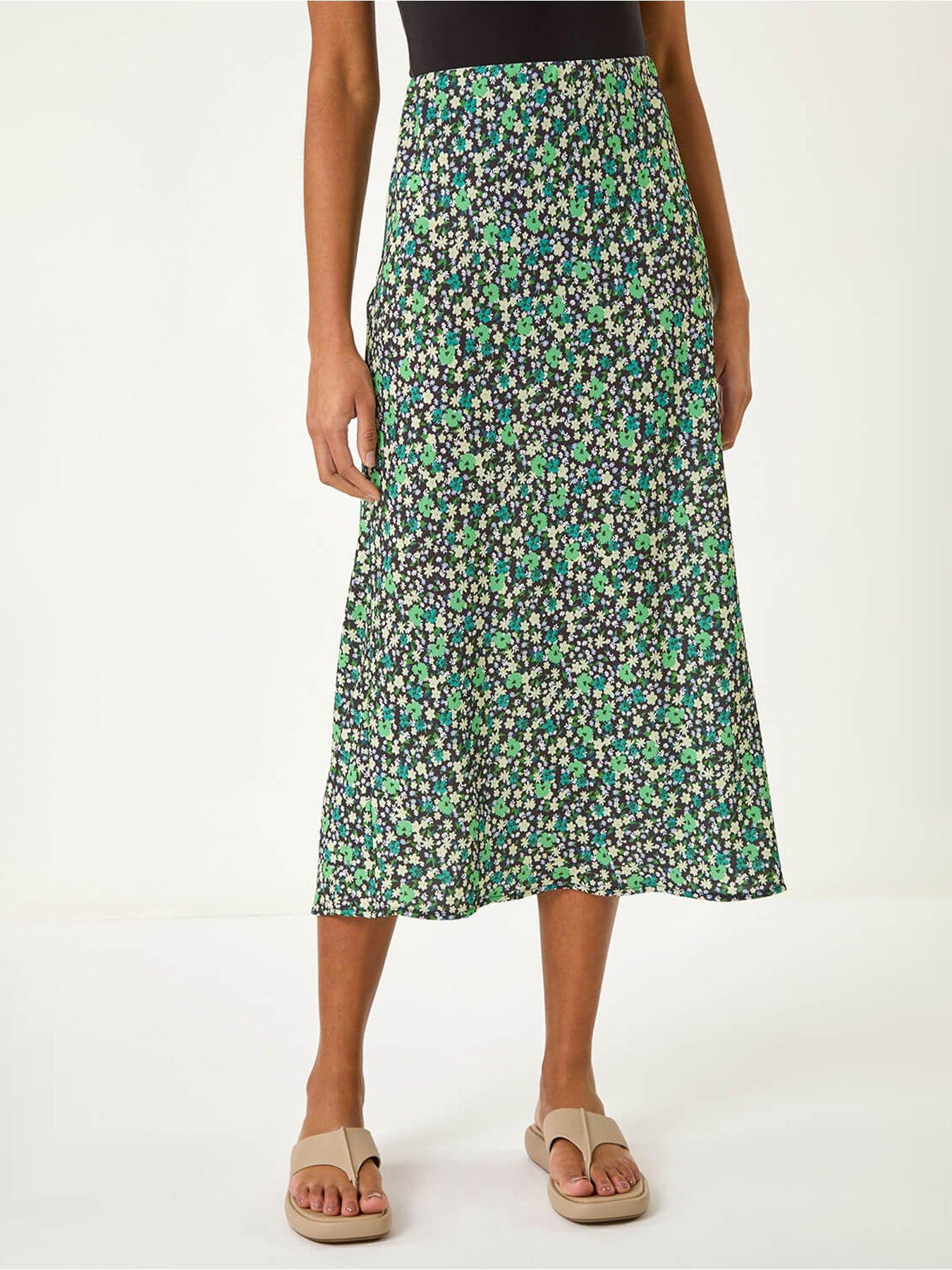 undefined Floral Print Elastic Waist Midi Skirt - Green