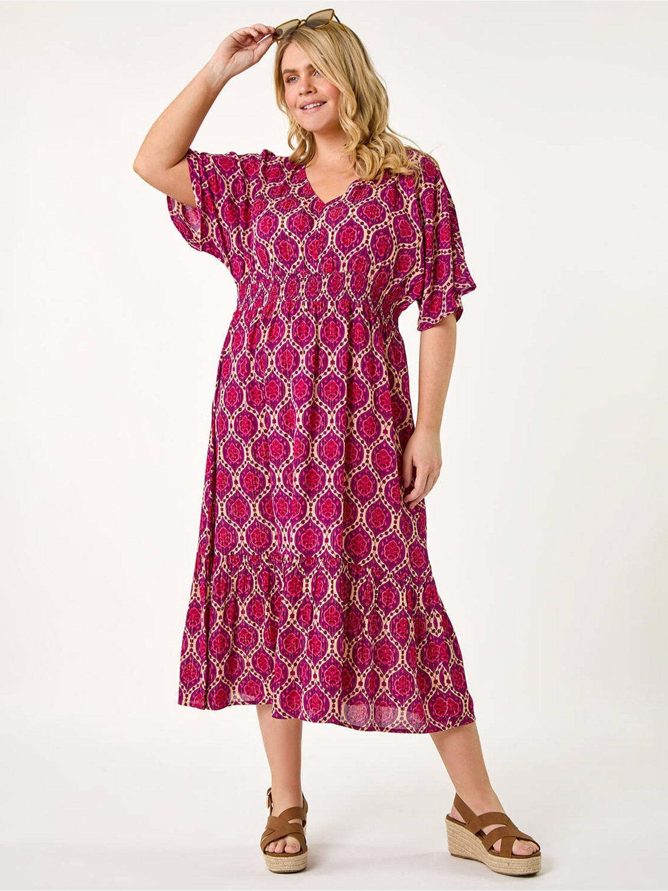 undefined Curve Geo Shimmer Stripe Shirred Midi Dress - Purple