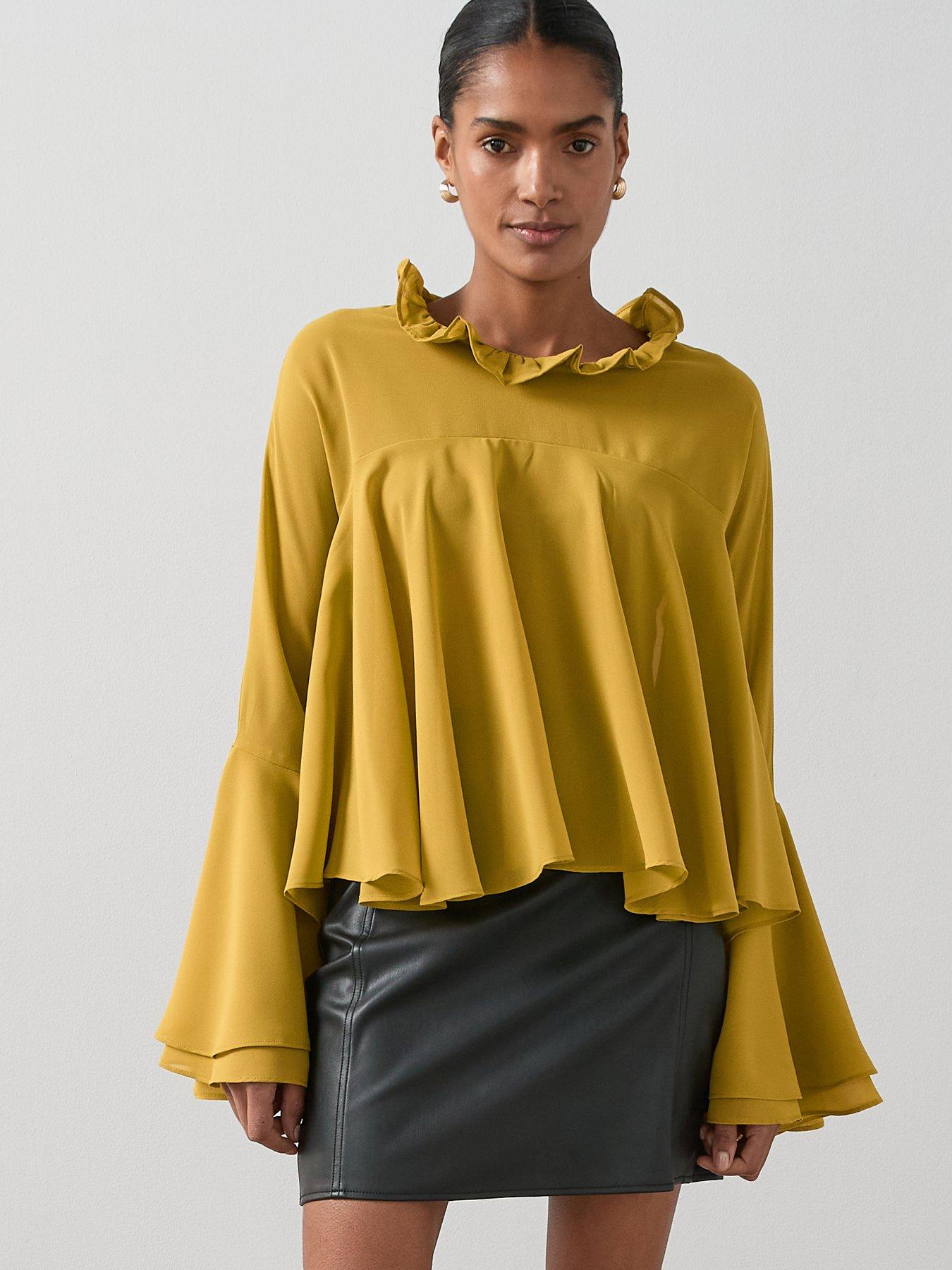 undefined Flounced Frill Detail High Neck Blouse - Yellow