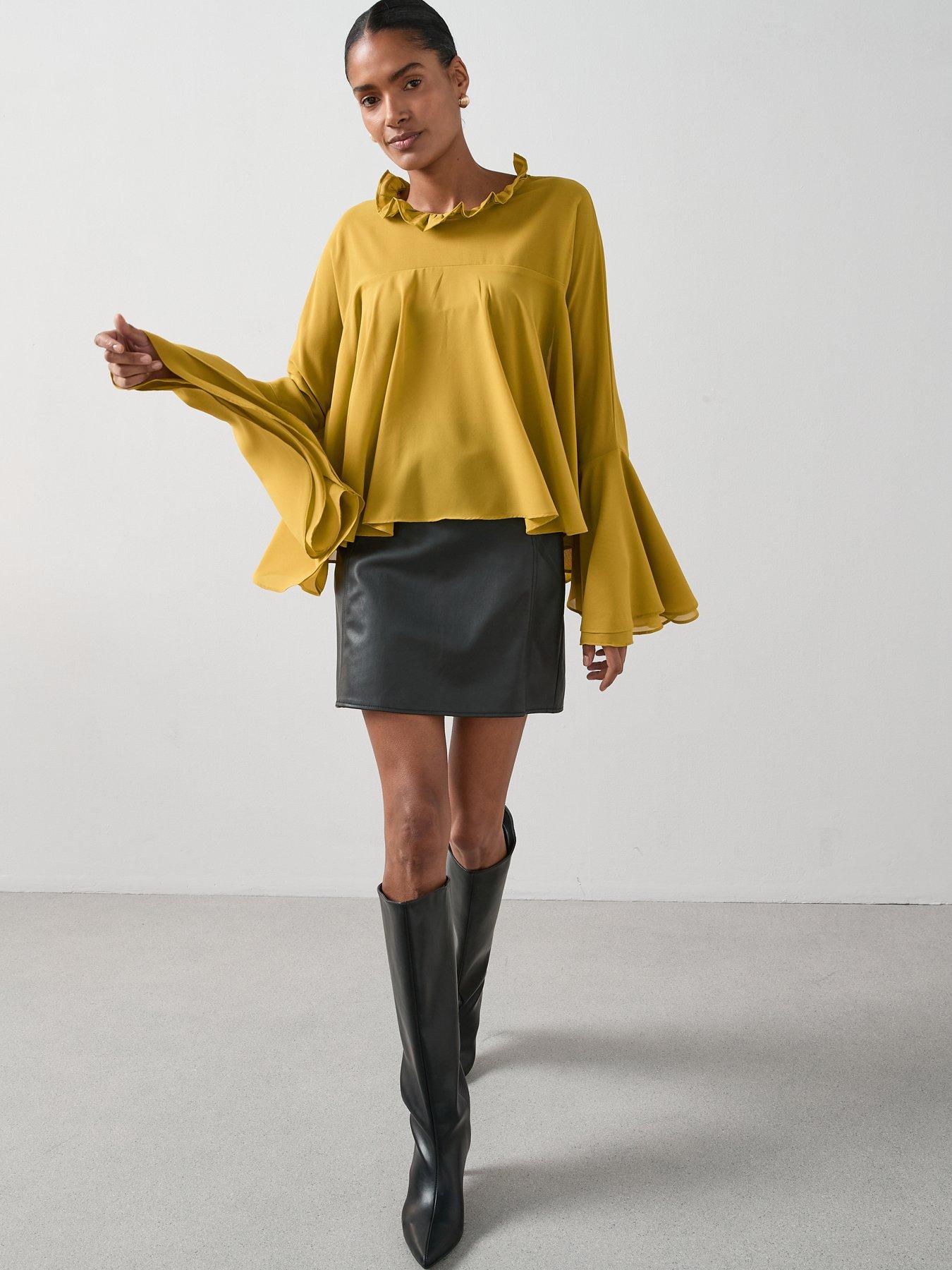 Image 3 of 7 of The Very Collection Flounced Frill Detail High Neck Blouse - Yellow