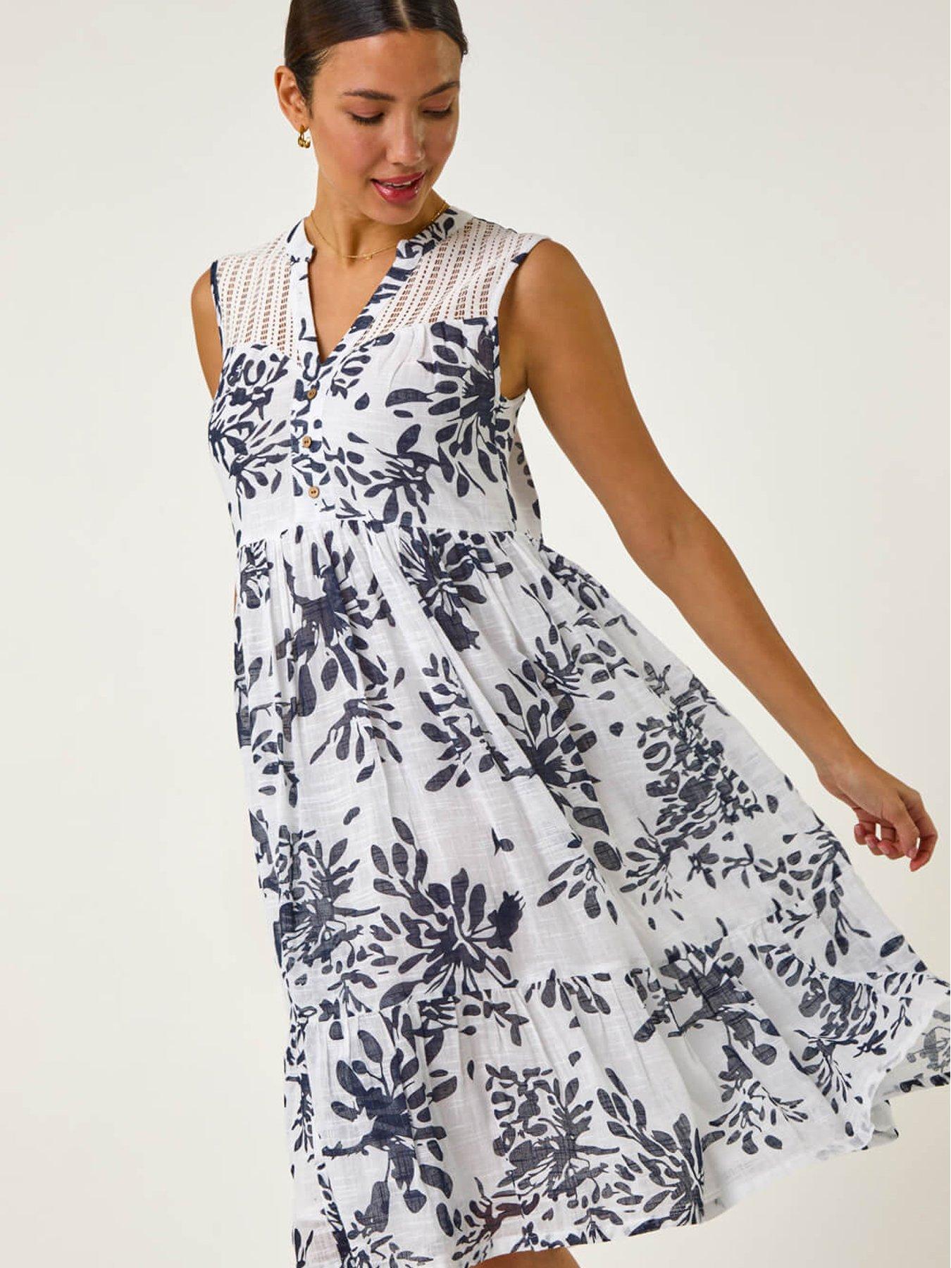 Roman Floral Print Lace Detail Smock Dress