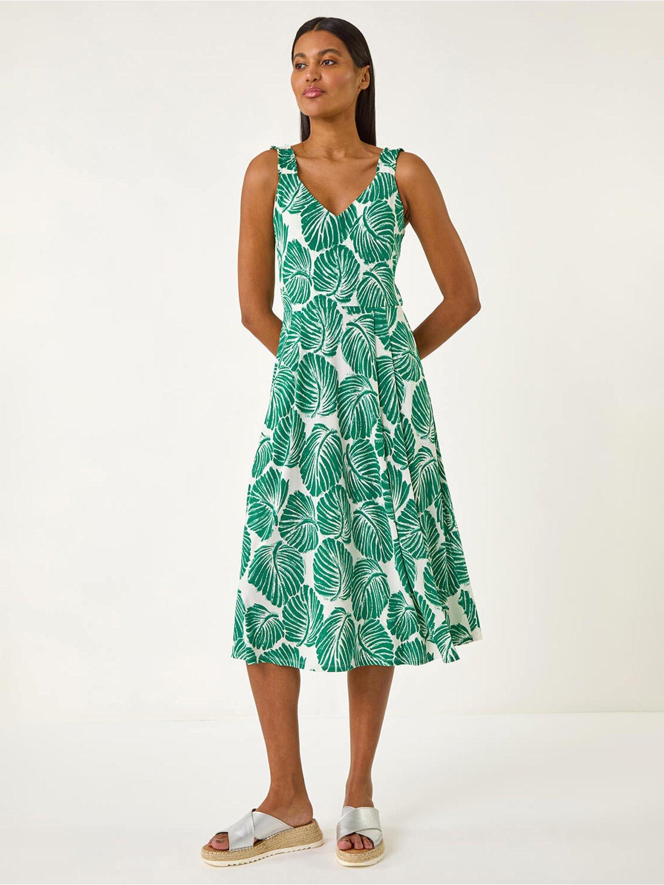 undefined Leaf Print V-neck Stretch Midi Dress