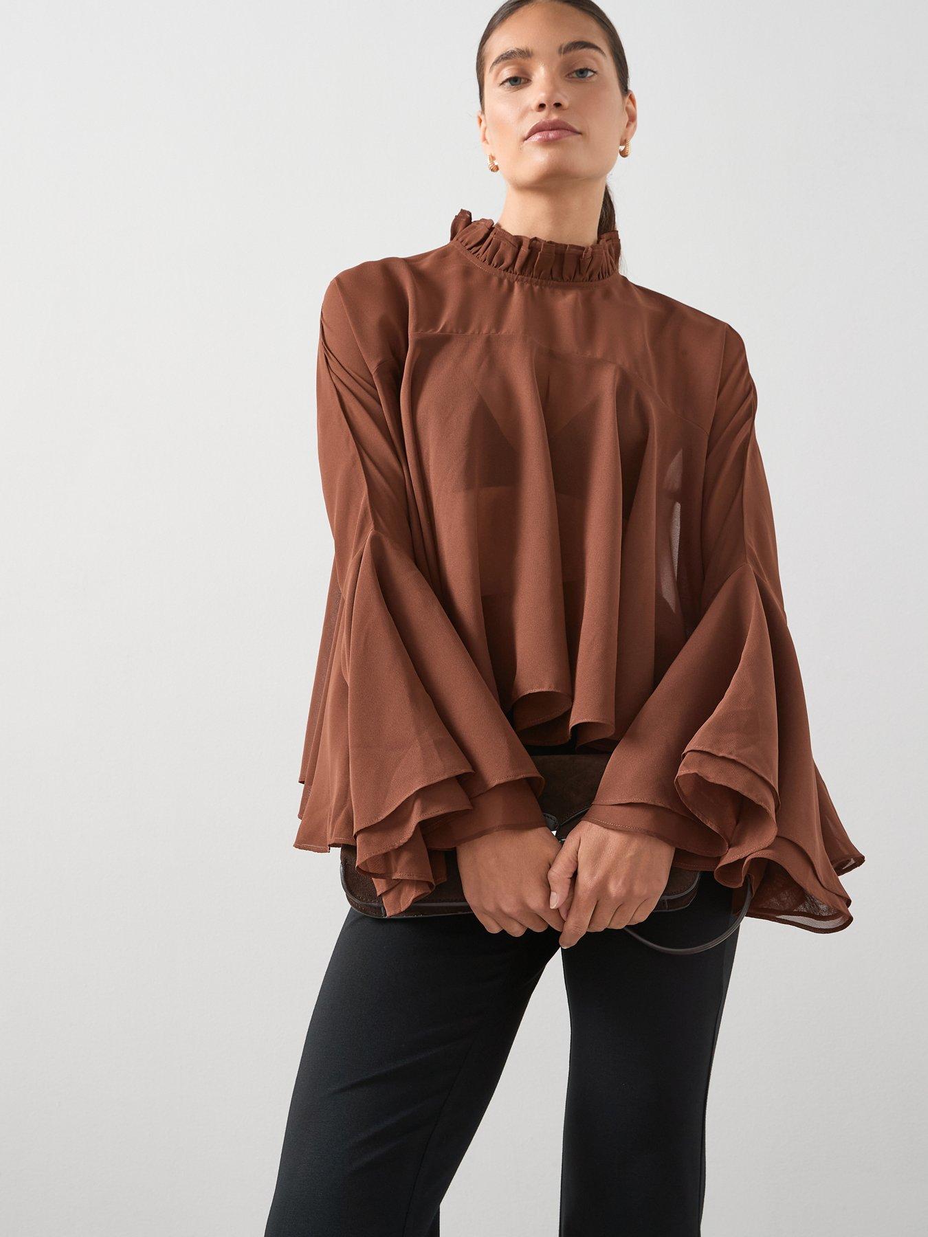 undefined Flounced Frill Detail High Neck Blouse - Brown