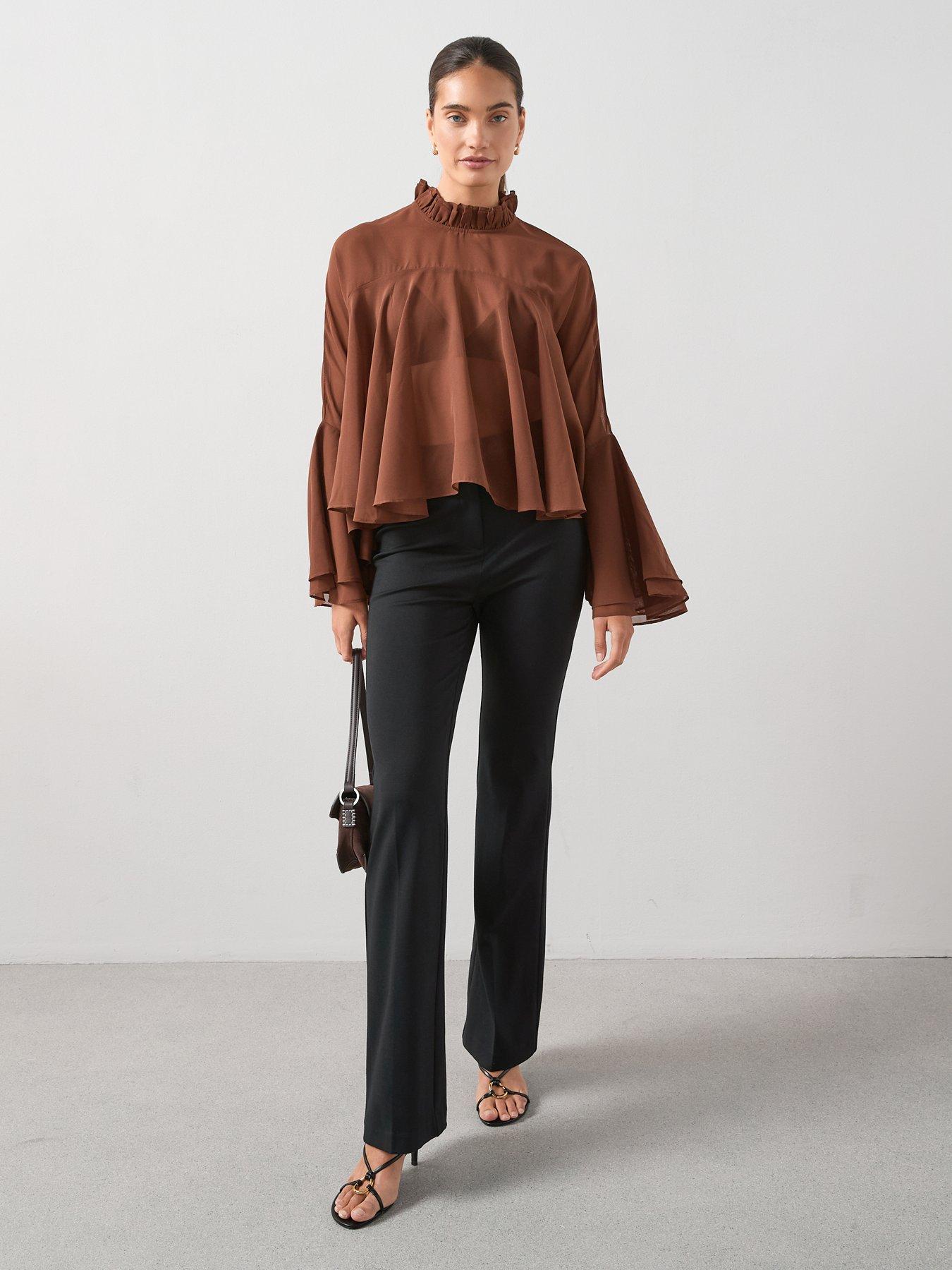 Image 3 of 6 of The Very Collection Flounced Frill Detail High Neck Blouse - Brown