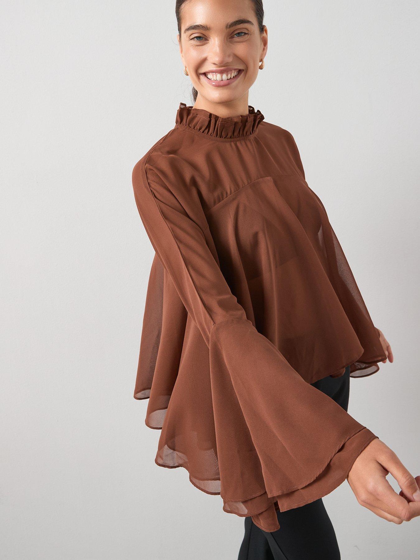 Image 4 of 6 of The Very Collection Flounced Frill Detail High Neck Blouse - Brown
