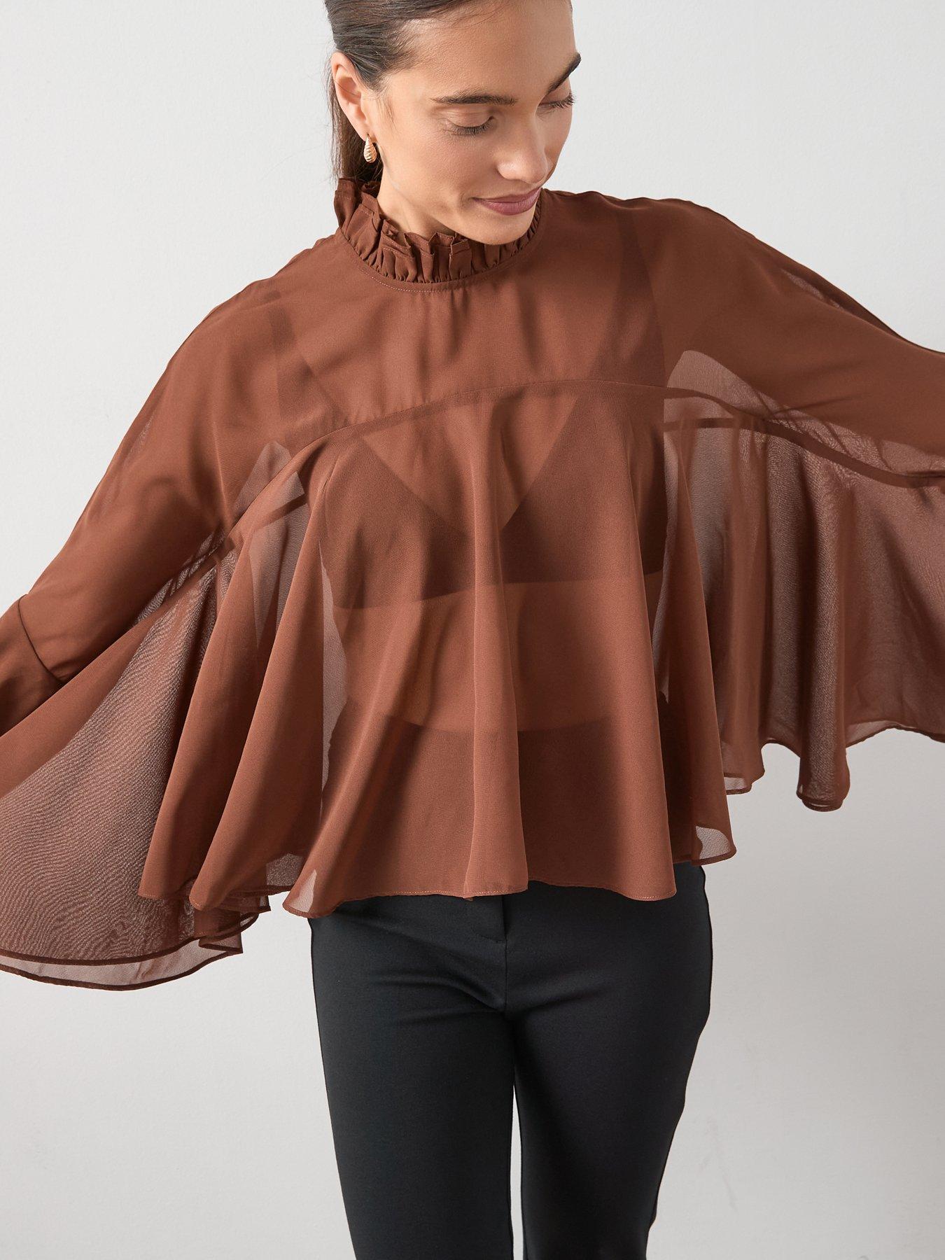 Image 5 of 6 of The Very Collection Flounced Frill Detail High Neck Blouse - Brown