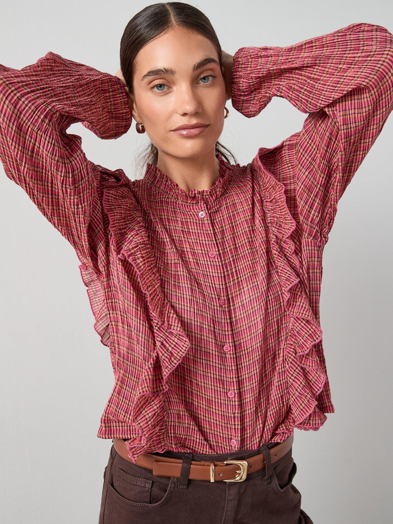 Image 1 of 6 of The Very Collection Ruffle Detail Checked Shirt - Red