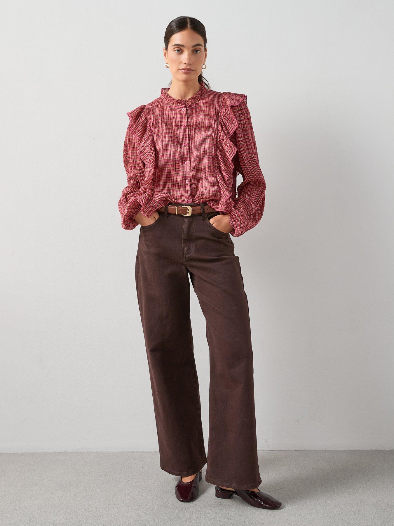 Image 3 of 6 of The Very Collection Ruffle Detail Checked Shirt - Red