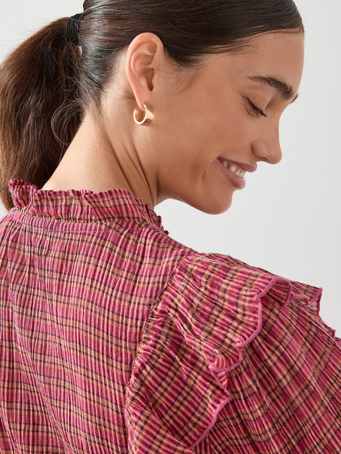 Image 4 of 6 of The Very Collection Ruffle Detail Checked Shirt - Red