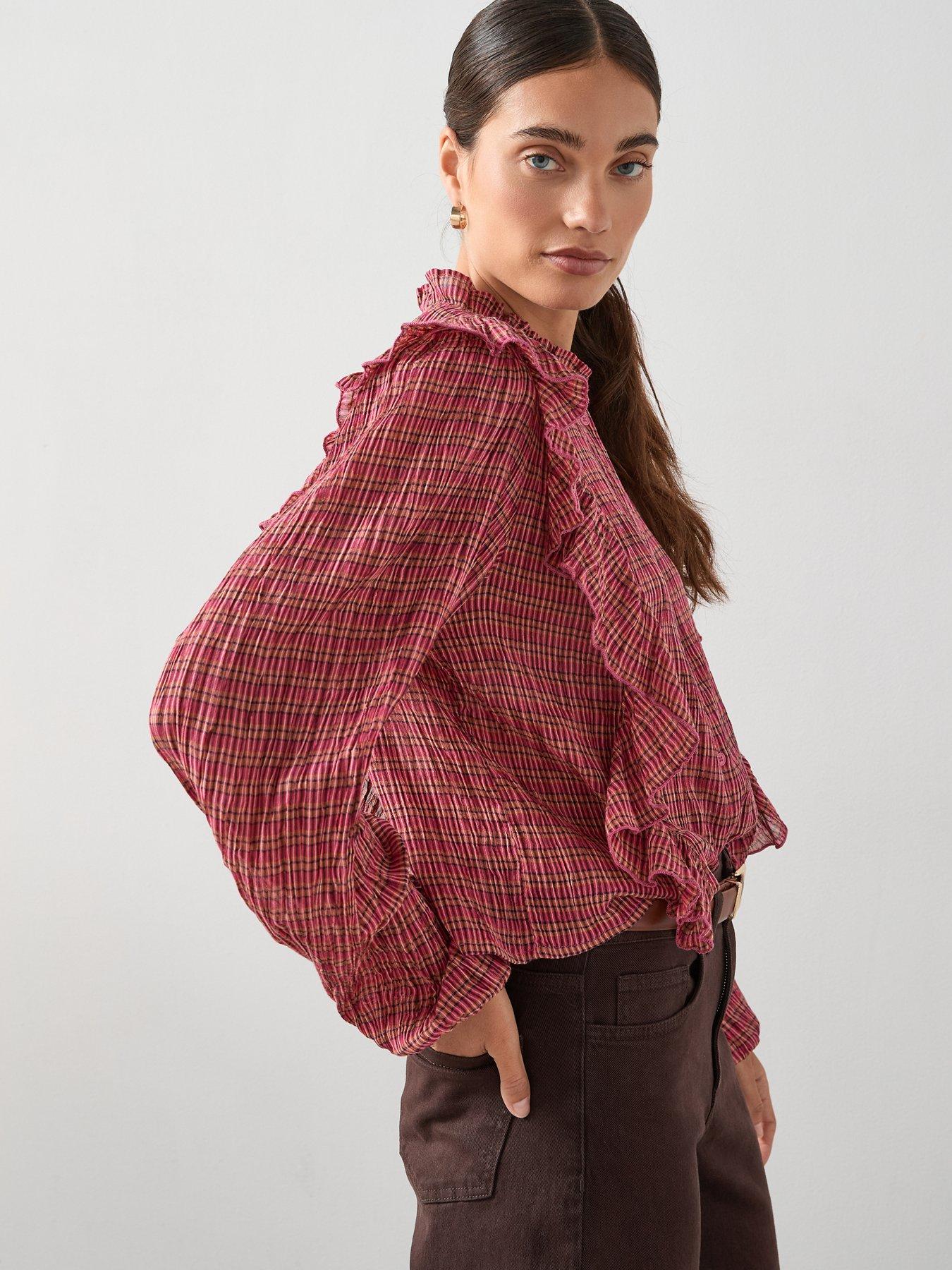 Image 5 of 6 of The Very Collection Ruffle Detail Checked Shirt - Red