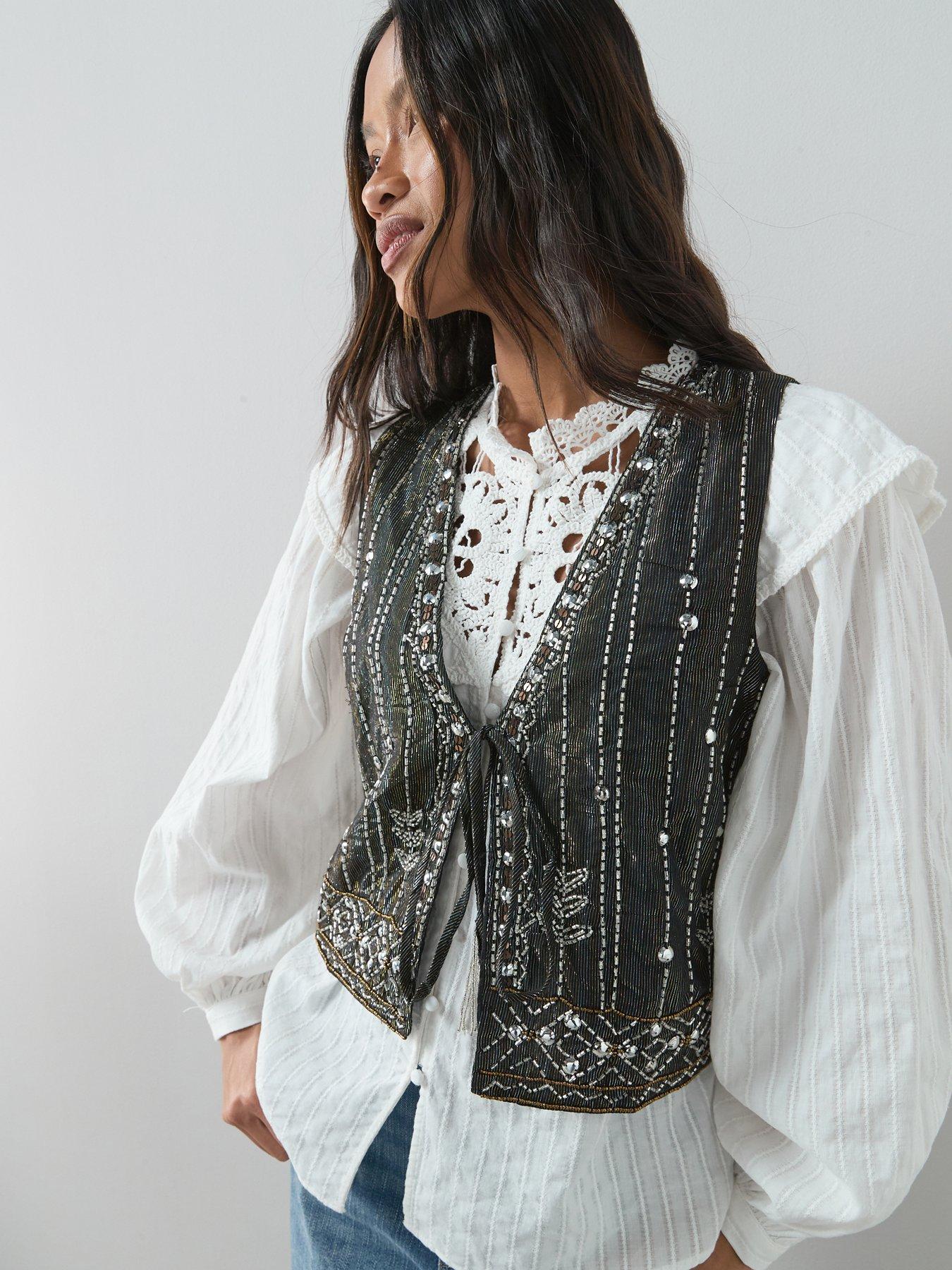 The Very Collection Embellished Tie Front Waist Coat - Black