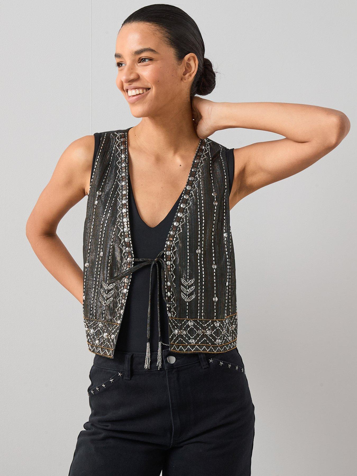 undefined Embellished Tie Front Waist Coat - Black