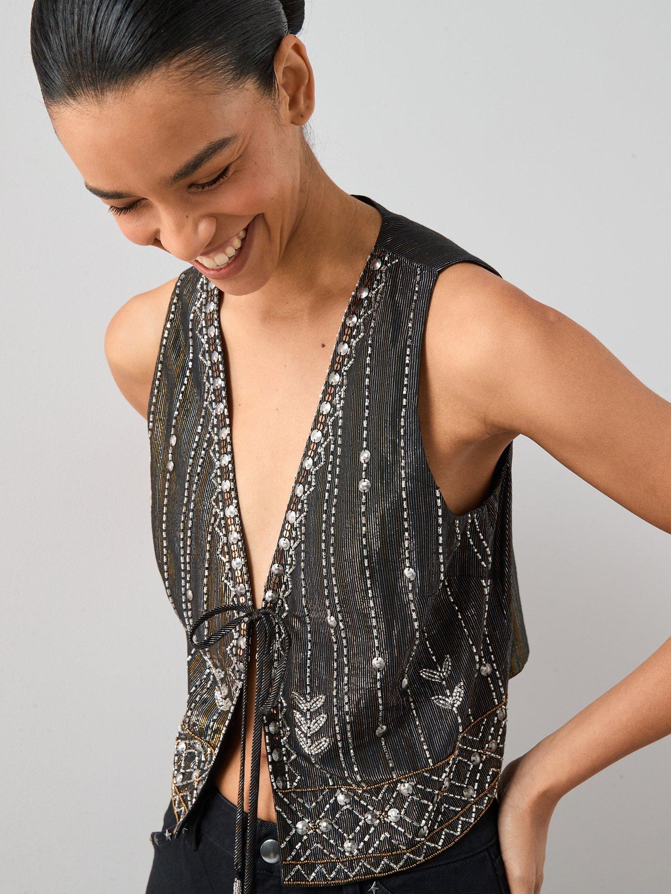 Image 6 of 7 of The Very Collection Embellished Tie Front Waist Coat - Black