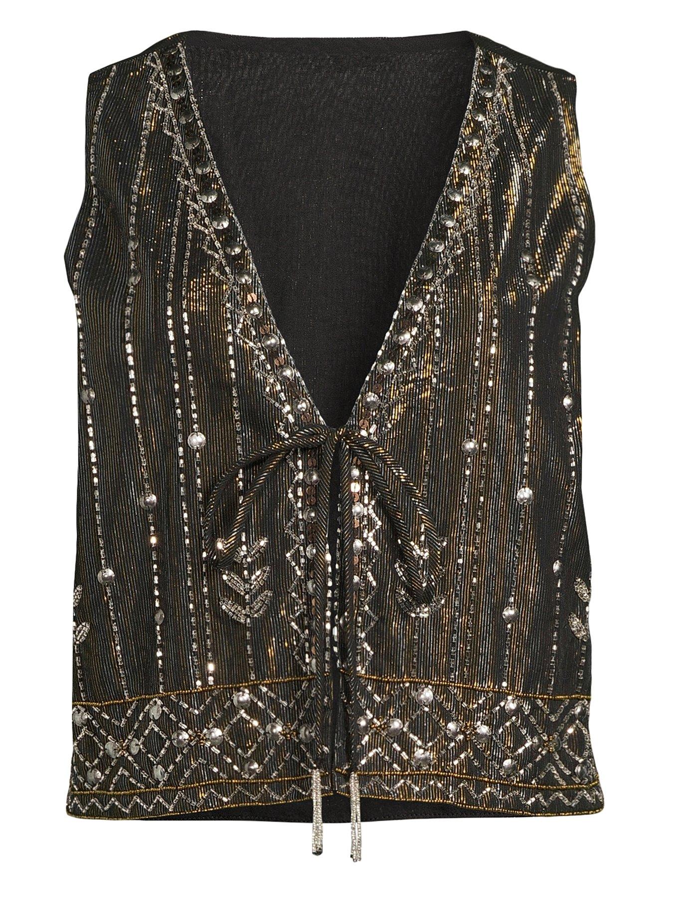 Image 7 of 7 of The Very Collection Embellished Tie Front Waist Coat - Black