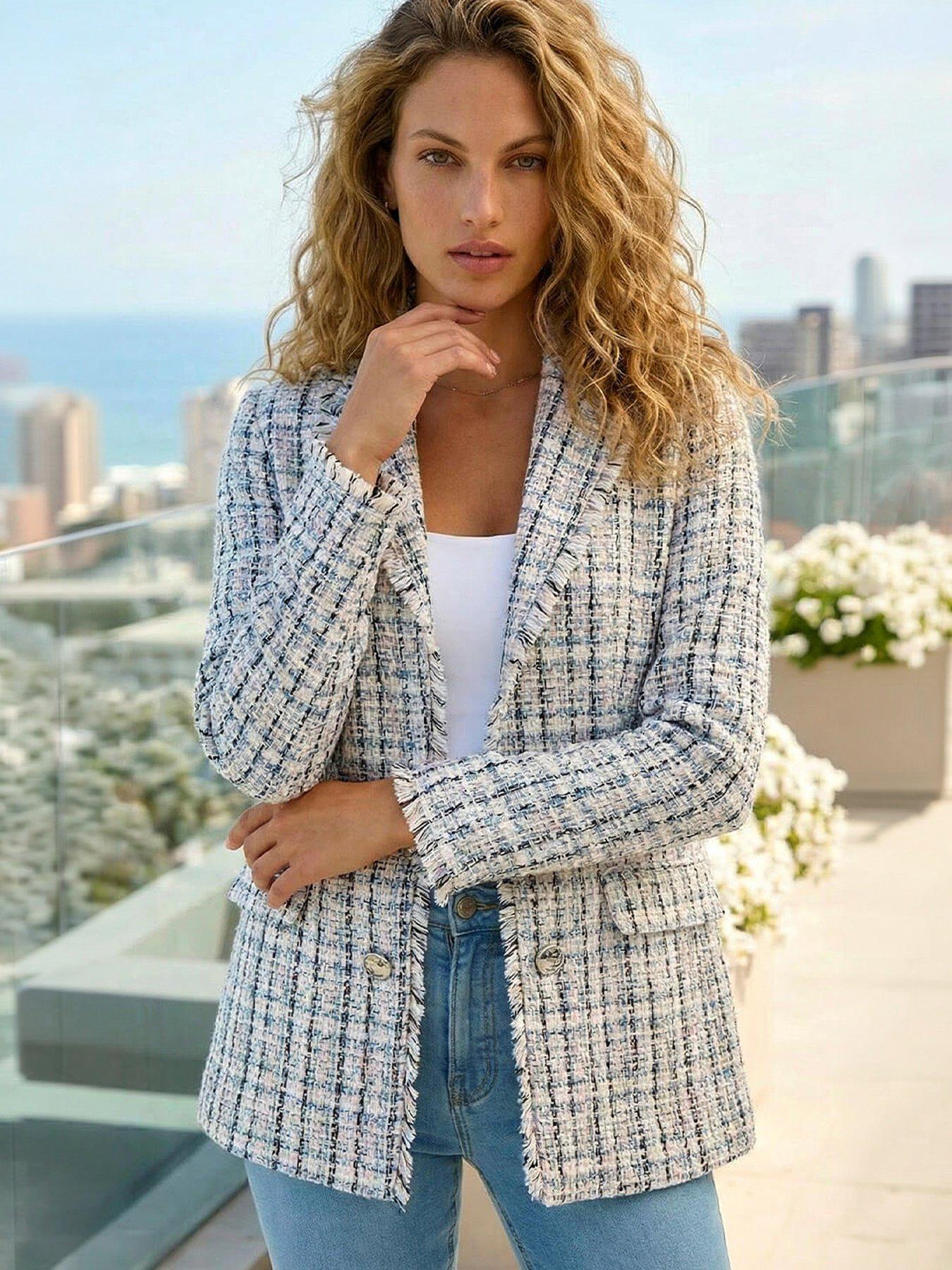 Roman Check Frayed Edge Boucle Button Jacket - Multi
