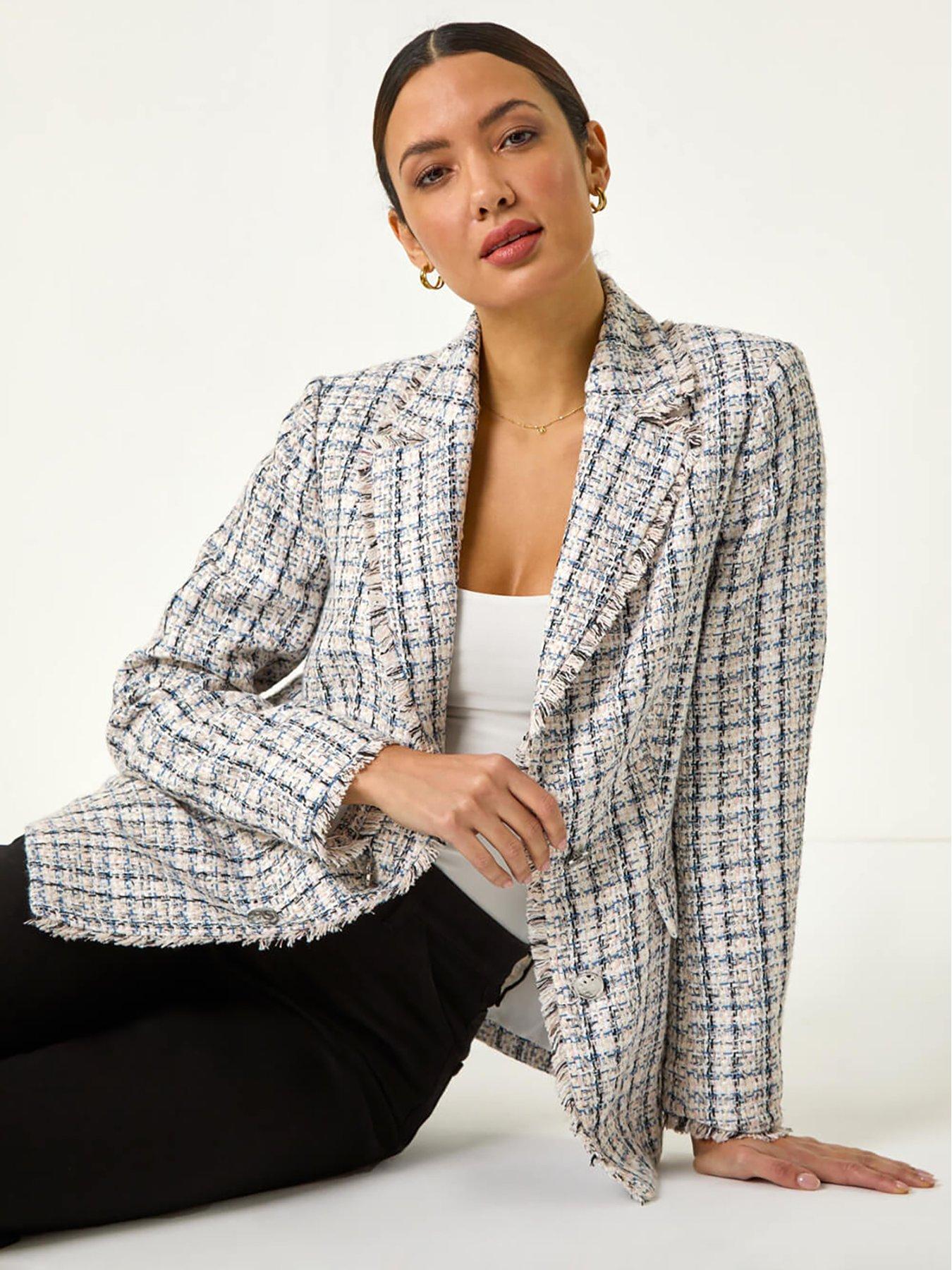  image of roman-check-frayed-edge-boucle-button-jacket-multi